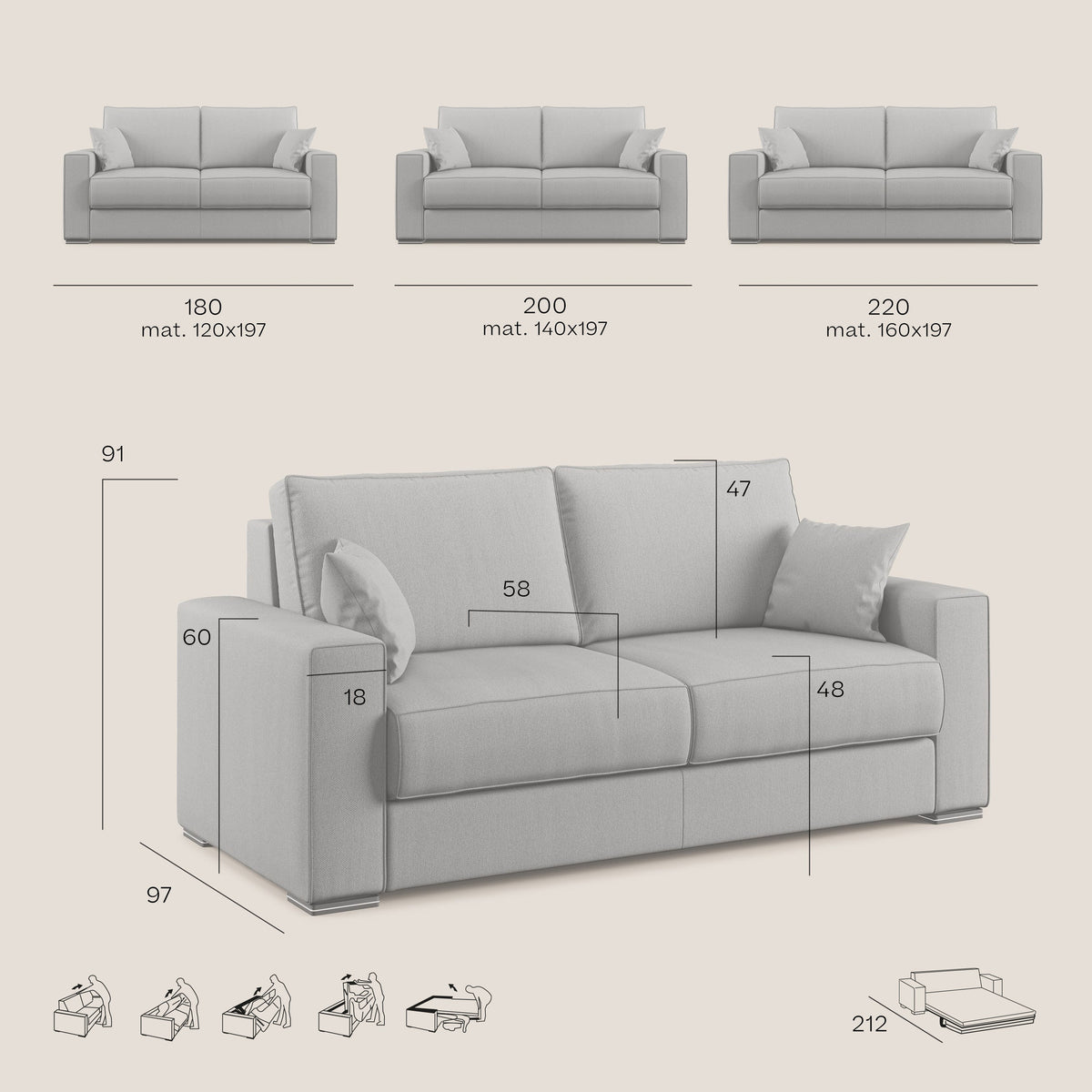Dream Divano letto moderno dai morbidi cuscini in tessuto smacchiabile T05 cammello - divitt.sbs