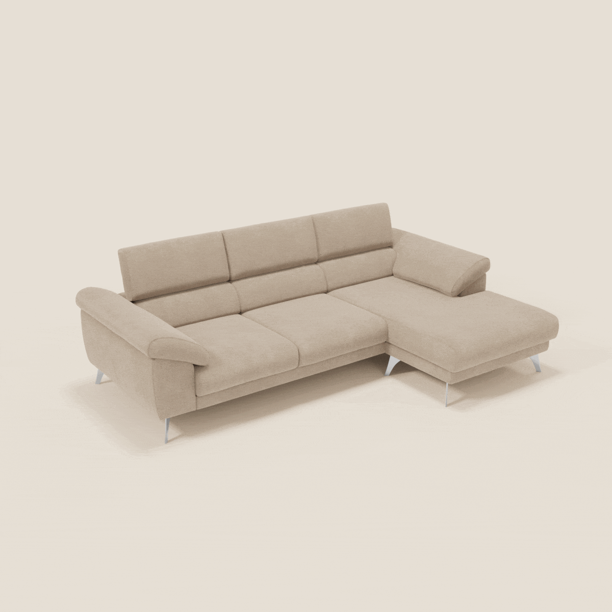 Donatello Divano angolare con sedute scorrevoli braccioli contenitore e poggiatesta in tessuto morbido smacchiabile T23 beige - divitt.sbs