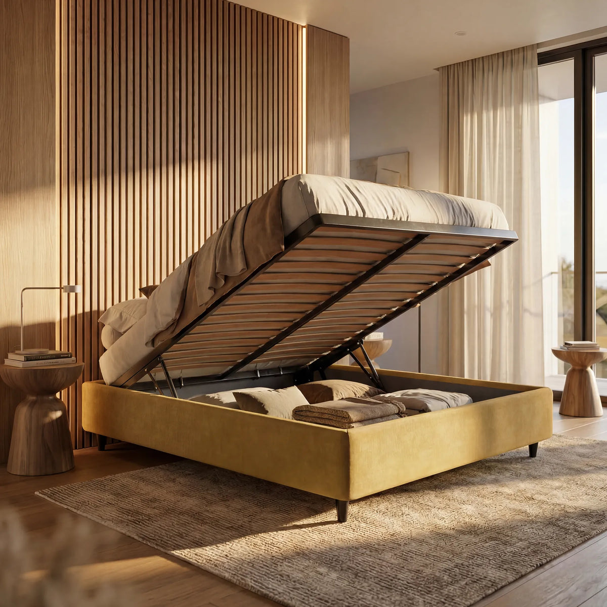 Una camera da letto moderna mette in risalto il letto sommier imbottito con vano contenitore ERON di Letti.store, rivestito in tessuto impermeabile certificato Oeko-Tex. Posizionato su un tappeto beige a doghe di legno, il suo vano contenitore permette di riporre ordinatamente le coperte mentre la luce del sole filtra attraverso le tende trasparenti.