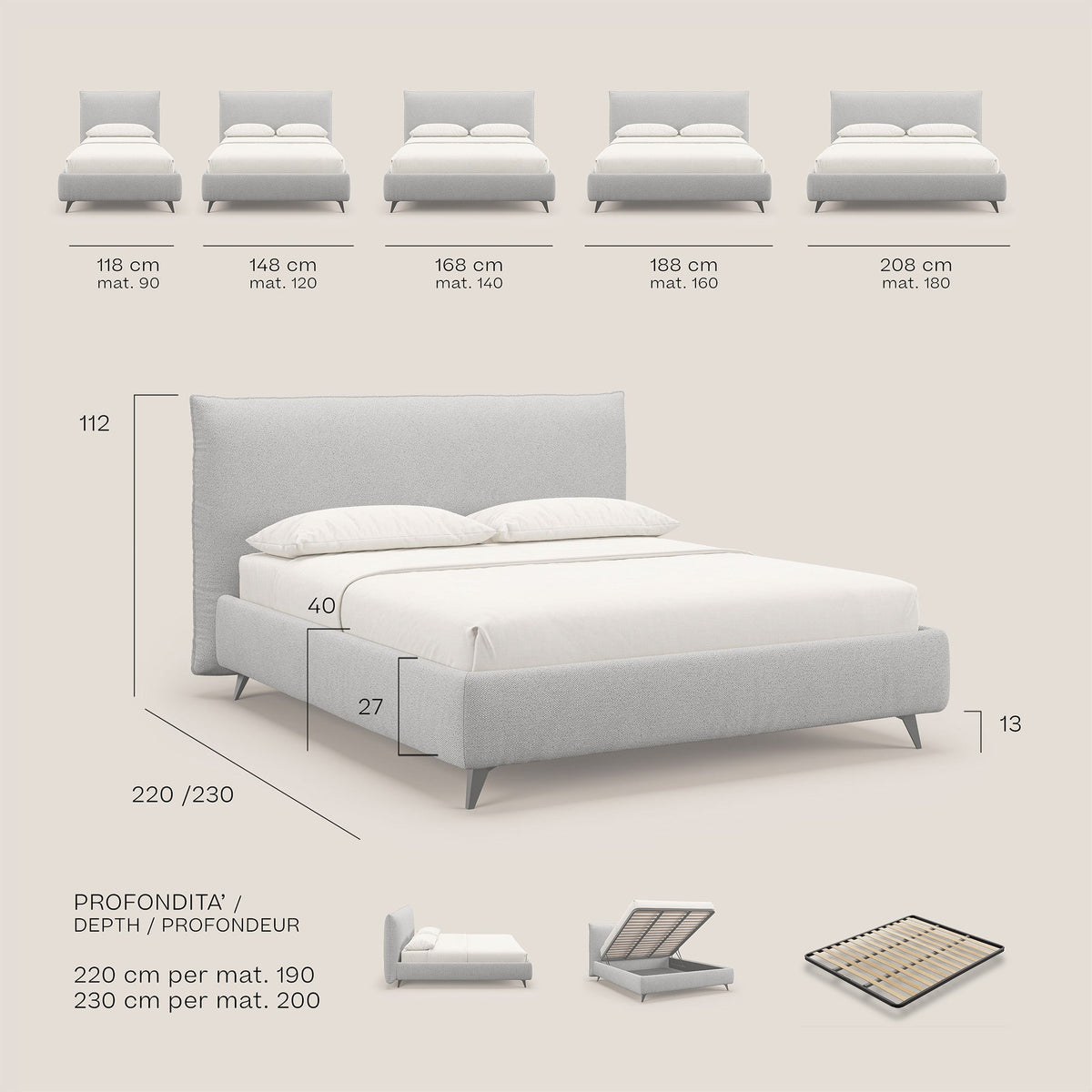 EROS letto imbottito in piuma con vano contenitore in pregiato e fresco bouclet smacchiabile T16 verde - divitt.sbs