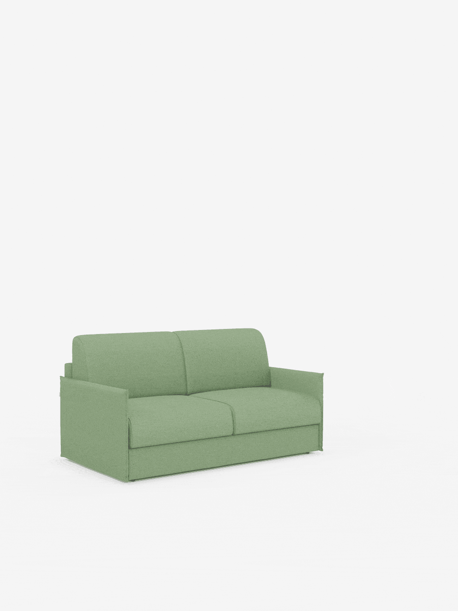 Un divano letto matrimoniale Evans di colore verde chiaro, sfoderabile, di divitt.sbs, caratterizzato da un design compatto e da un pratico vano porta-cuscini, spicca su uno sfondo bianco a tinta unita. Rivestito in tessuto T23 facile da pulire, questo divano presenta due cuscini di seduta, due cuscini dello schienale e braccioli leggermente arrotondati che gli conferiscono un aspetto minimalista e contemporaneo, rendendolo il divano salvaspazio ideale per qualsiasi casa moderna.
