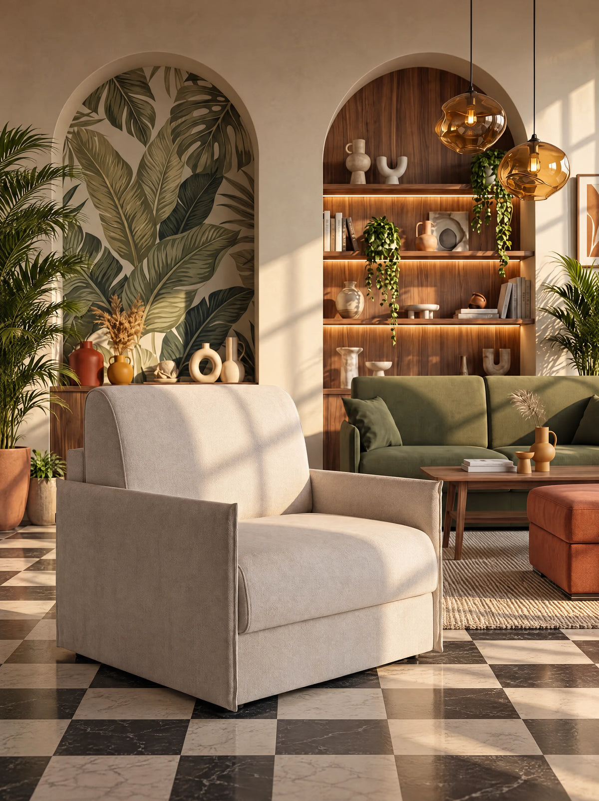 Un luminoso soggiorno con pavimento a scacchi, una poltrona beige, un divano verde, mensole in legno adornate da piante e oggetti decorativi, un grande murale con foglie, piante in vaso, lampade a sospensione rotonde e la calda luce del sole che filtra attraverso nicchie ad arco: perfetto per rilassarsi sulla poltrona letto compatta Evans con materasso di divitt.sbs. Questa poltrona sfoderabile in tessuto smacchiabile T23 offre sia un comfort eccezionale che una pratica soluzione salvaspazio per