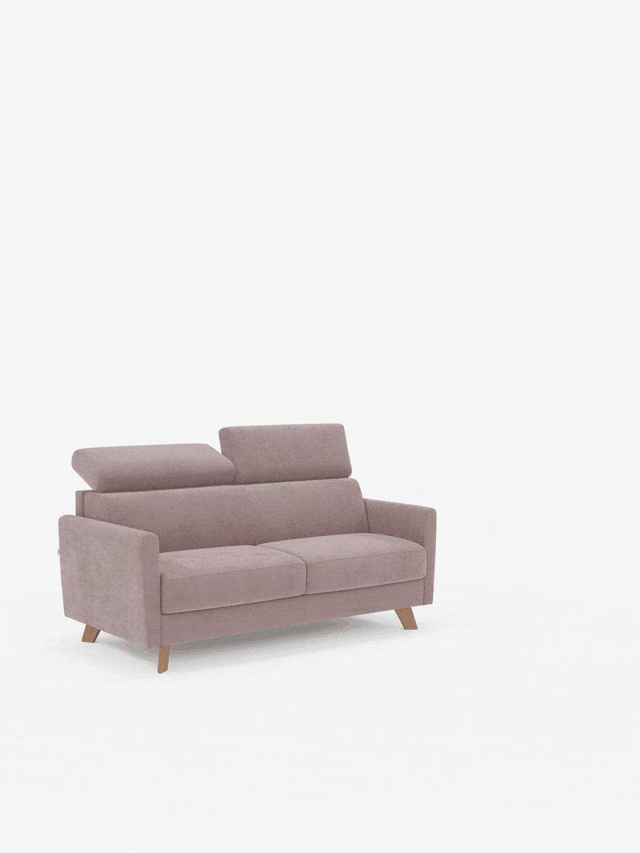 Un moderno divano letto a 2 posti Francy di divitt.sbs, rivestito in elegante tessuto T30 resistente alle macchie nei toni del rosa chiaro, spicca su uno sfondo bianco a tinta unita. Caratterizzato da gambe angolate in legno e poggiatesta regolabili, questo divano completamente sfoderabile presenta linee semplici e pulite e morbidi cuscini, per un look elegante ma minimalista.