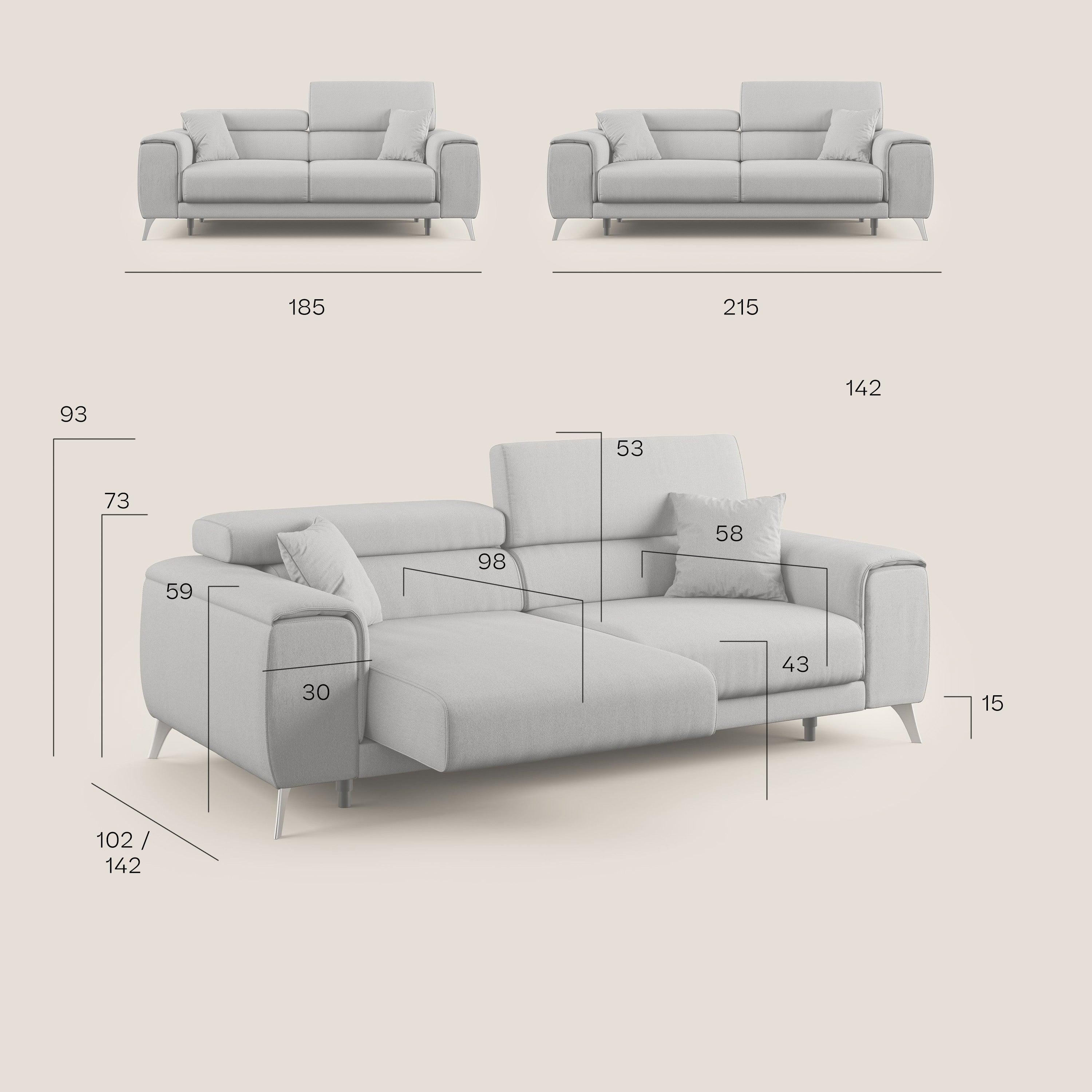 Fusion divano con sedute allungabili in tessuto smacchiabile T05 antracite - divitt.sbs