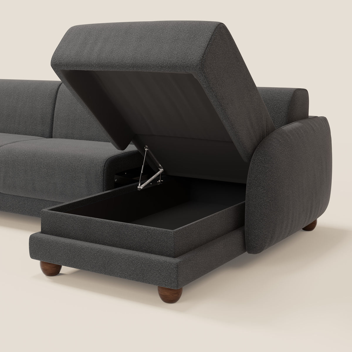 Giglio divano letto angolare con materasso alto 18 cm e penisola contenitore in morbido bouclé impermeabile T07 - divitt.sbs