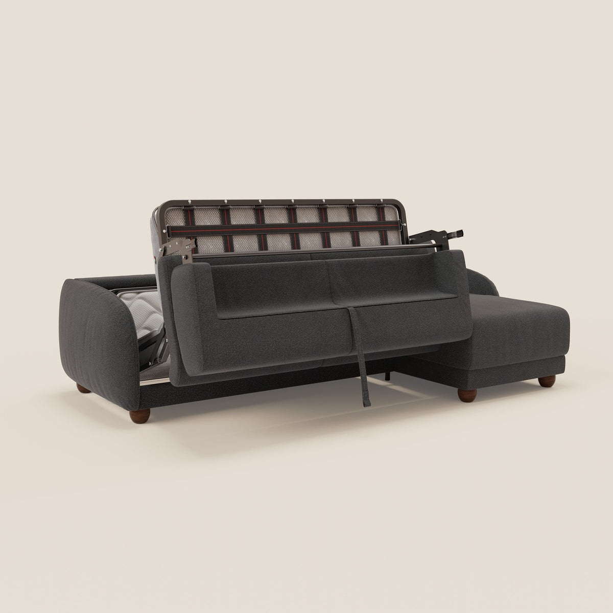 Giglio divano letto angolare con materasso alto 18 cm e penisola contenitore in morbido bouclé impermeabile T07 - divitt.sbs