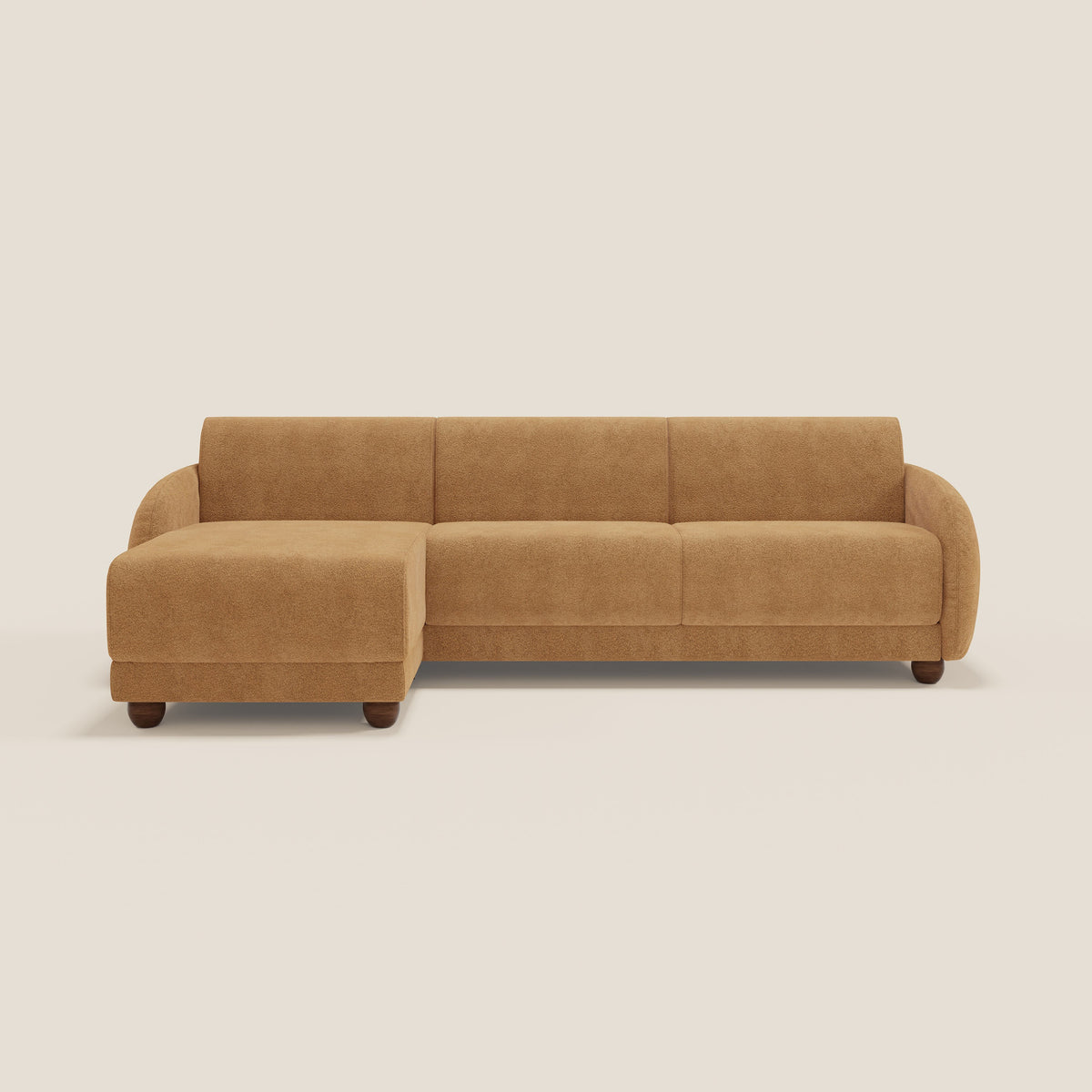 Giglio divano letto angolare con materasso alto 18 cm e penisola contenitore in morbido bouclé impermeabile T07 - divitt.sbs