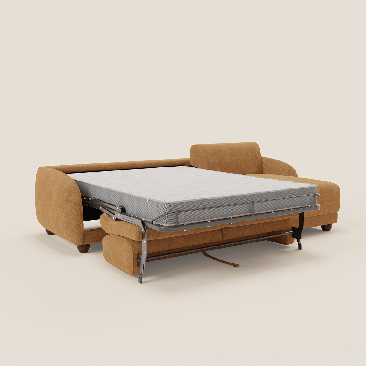 Giglio divano letto angolare con materasso alto 18 cm e penisola contenitore in morbido bouclé impermeabile T07 - divitt.sbs