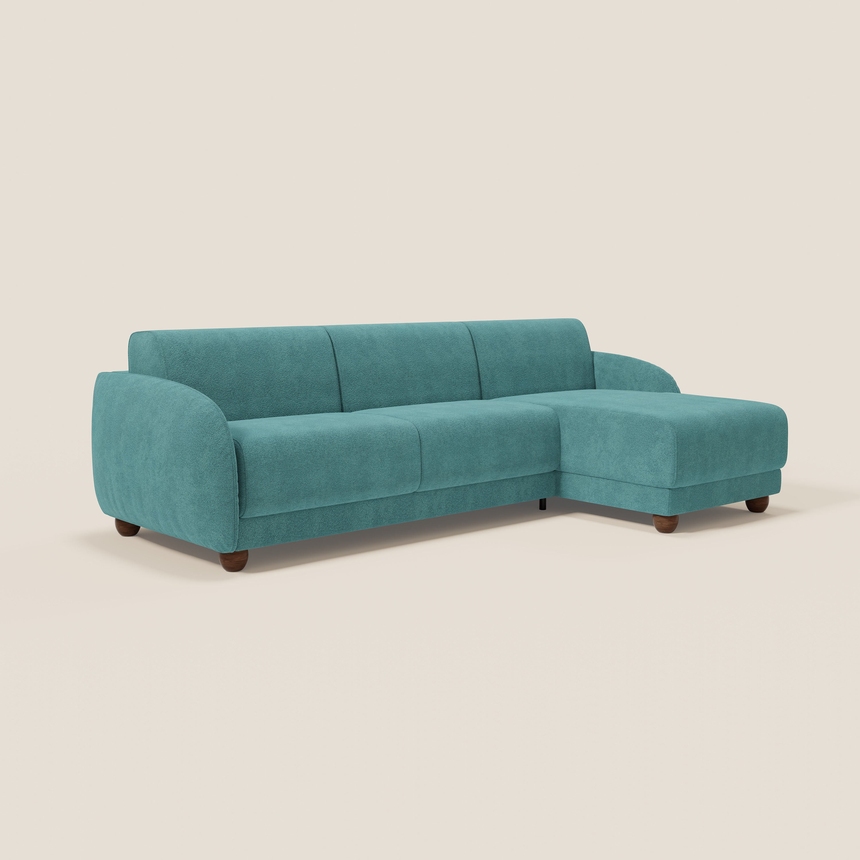 Giglio divano letto angolare con materasso alto 18 cm e penisola contenitore in morbido bouclé impermeabile T07 azzurro - divitt.sbs