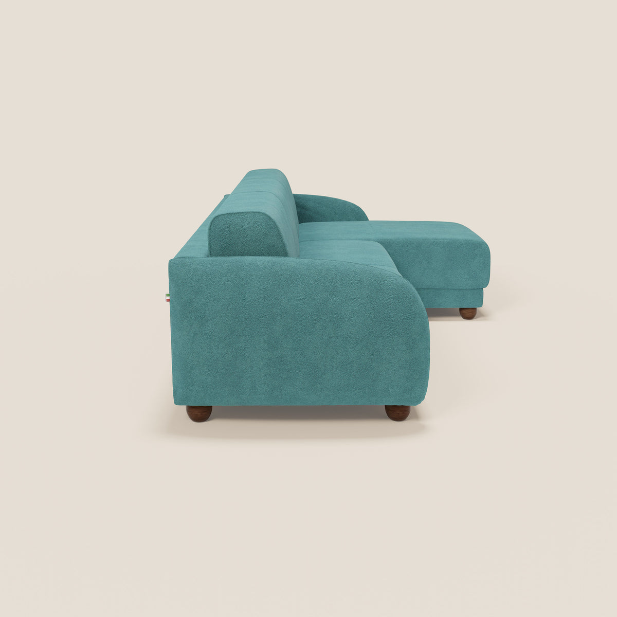 Giglio divano letto angolare con materasso alto 18 cm e penisola contenitore in morbido bouclé impermeabile T07 azzurro - divitt.sbs