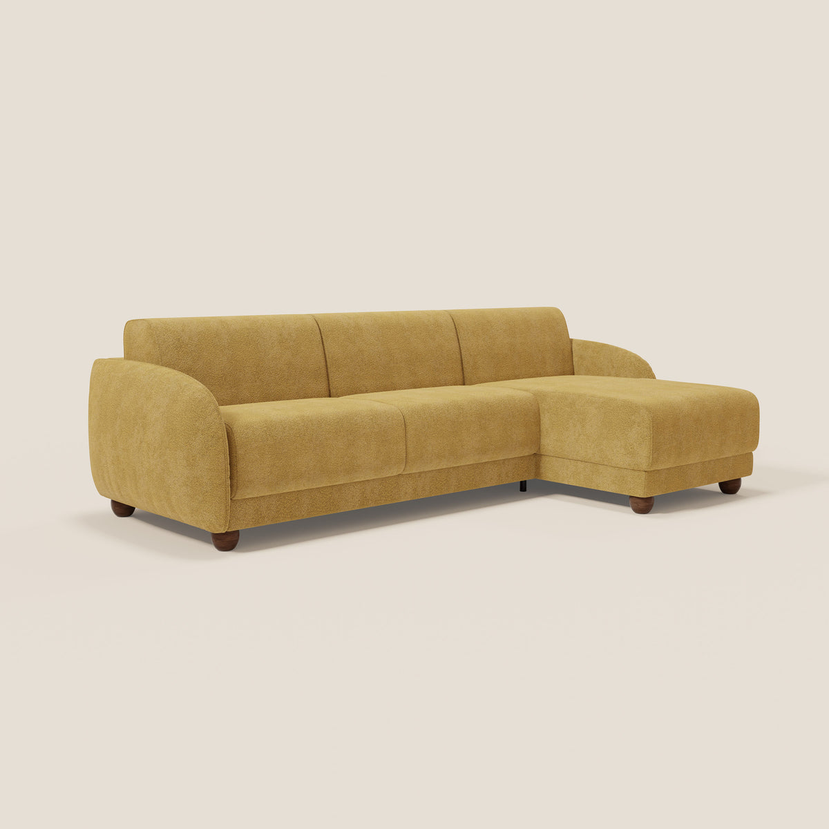 Giglio divano letto angolare con materasso alto 18 cm e penisola contenitore in morbido bouclé impermeabile T07 - divitt.sbs