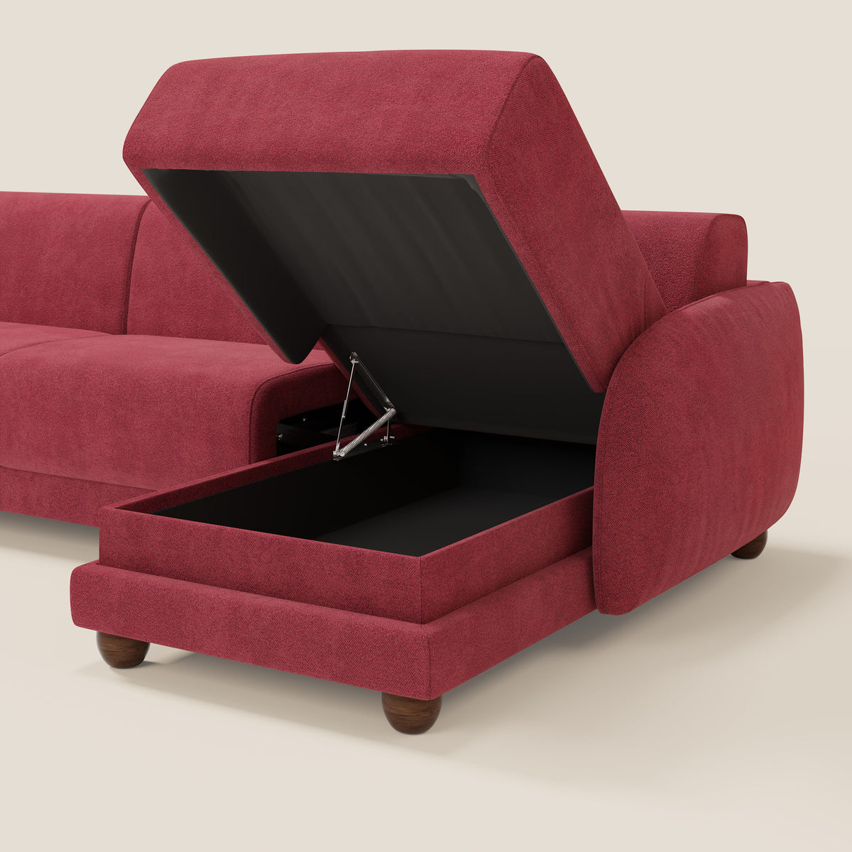Giglio divano letto angolare con materasso alto 18 cm e penisola contenitore in morbido bouclé impermeabile T07 - divitt.sbs