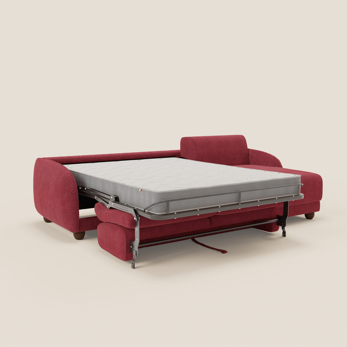 Giglio divano letto angolare con materasso alto 18 cm e penisola contenitore in morbido bouclé impermeabile T07 rosso - divitt.sbs