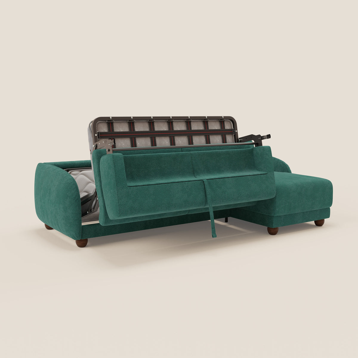Giglio divano letto angolare con materasso alto 18 cm e penisola contenitore in morbido bouclé impermeabile T07 - divitt.sbs