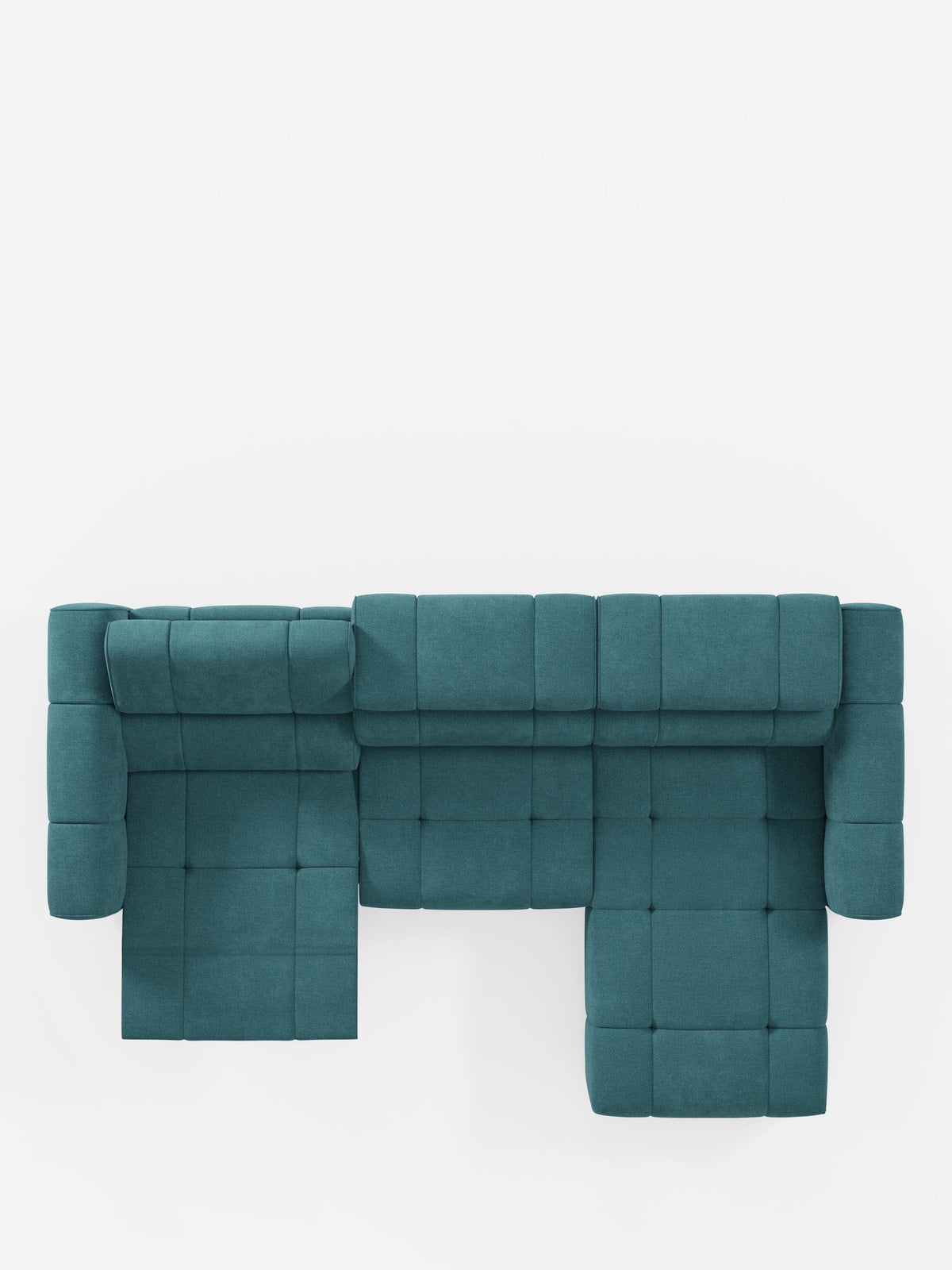 Un divano angolare modulare Giotto a 5 posti, colore verde acqua, a forma di L, lungo 296 cm, con penisola e funzione relax elettrica opzionale, rivestito in tessuto smacchiabile T23, visto dall'alto, caratterizzato da un motivo trapuntato a griglia su sfondo bianco.