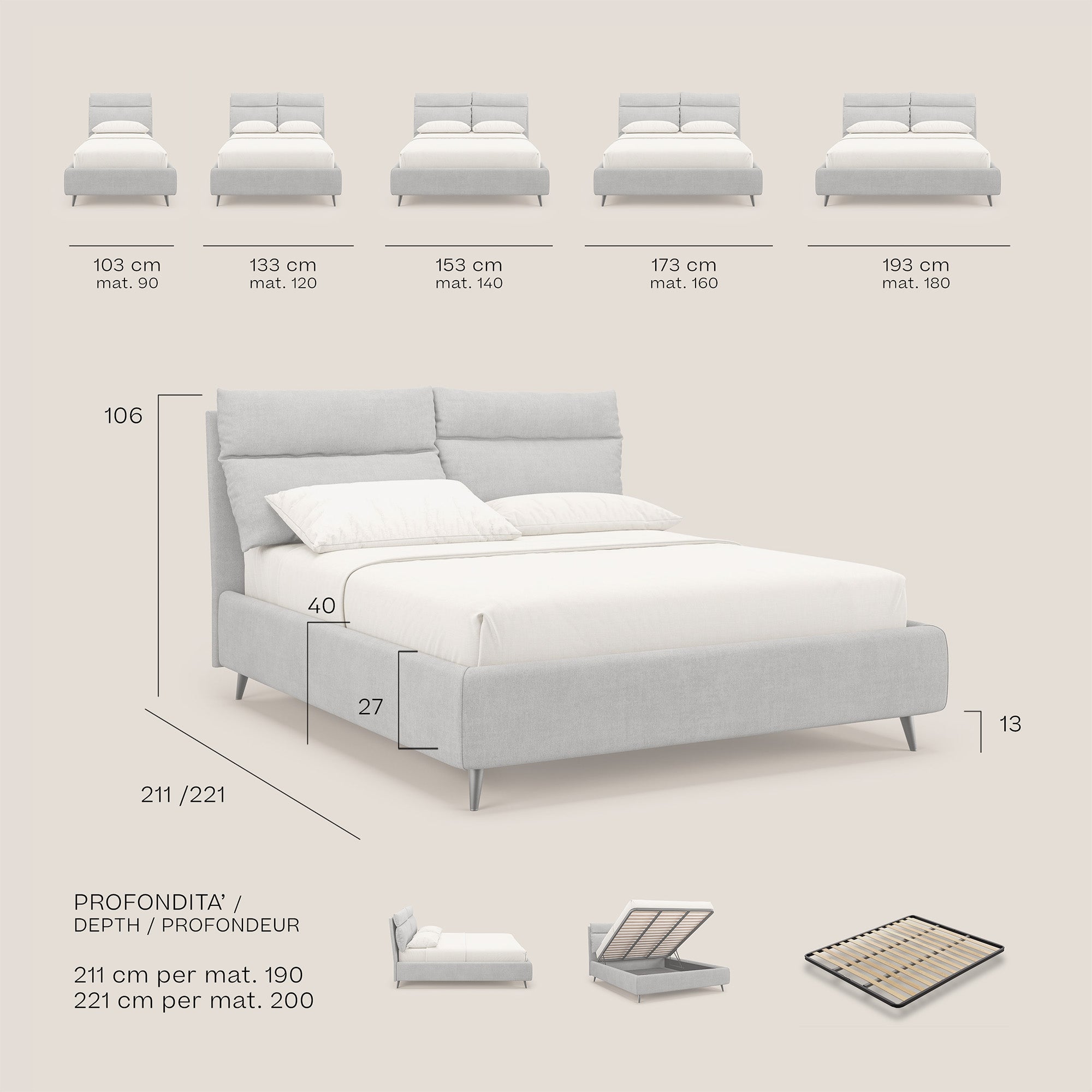 Jerry letto imbottito contenitore e cuscini reclinabili in tessuto smacchiabile T17 beige - divitt.sbs