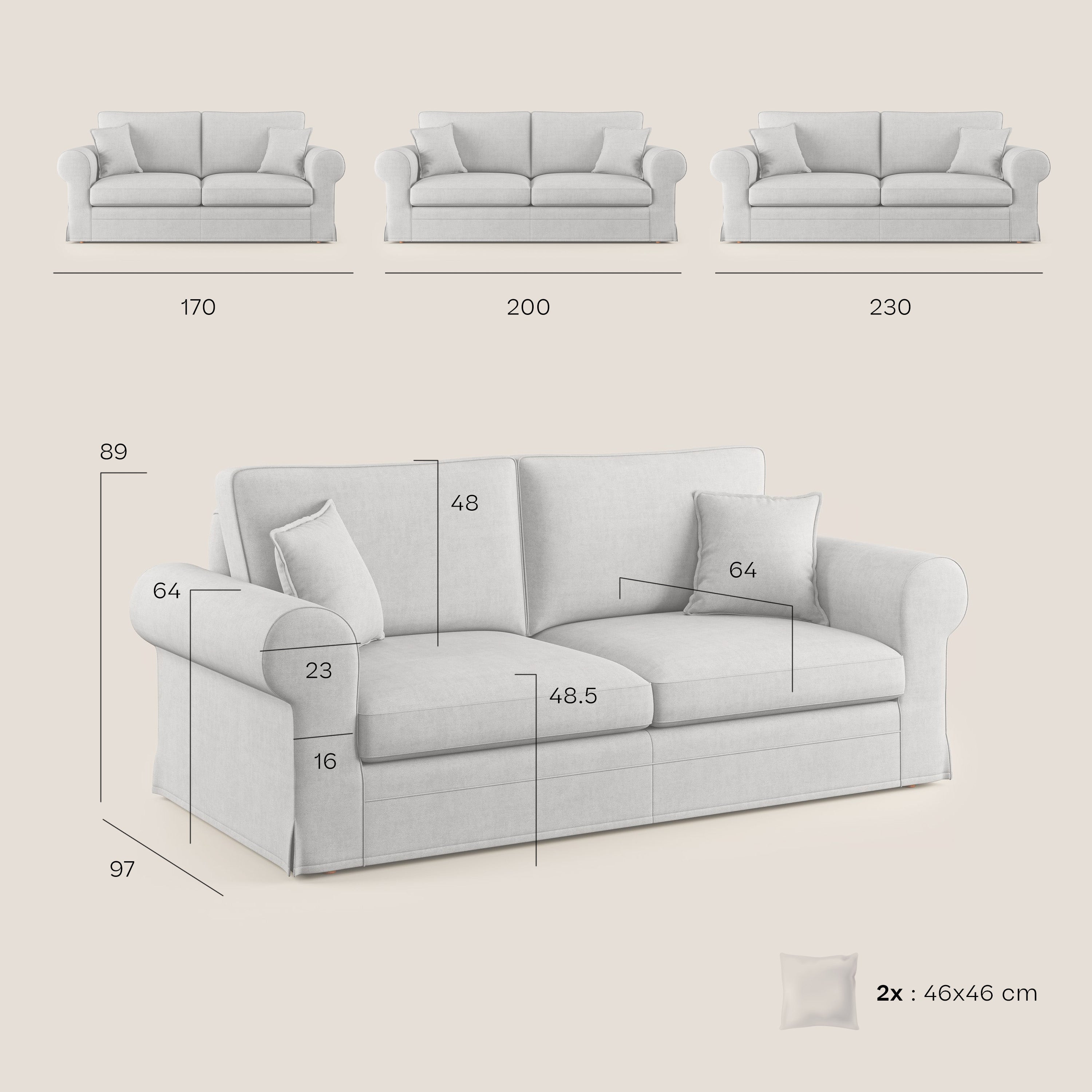 Lady divano classico in piuma d'oca realizzato con tessuto impermeabile T02 grigio - divitt.sbs