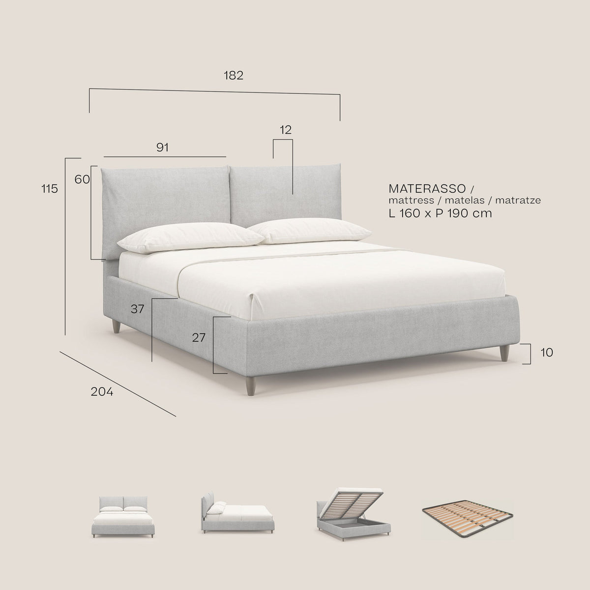 Mariana letto imbottito contenitore con cuscini in tessuto impermeabile T02 beige - divitt.sbs