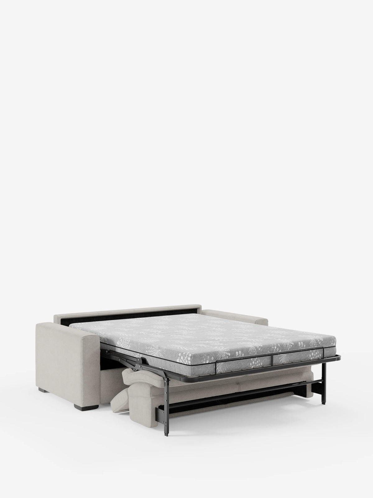 Il divano letto a 3 posti Maximus con materasso ALTO da 20 cm di divitt.sbs è presentato con la parte letto completamente estesa su uno sfondo bianco a tinta unita. Questo moderno divano beige presenta braccioli squadrati, un’estetica minimalista e poggiatesta reclinabili. La struttura in metallo sostiene un materasso spesso 20 cm rivestito in tessuto lavabile certificato Oeko-Tex, unendo stile e comfort per gli interni contemporanei.