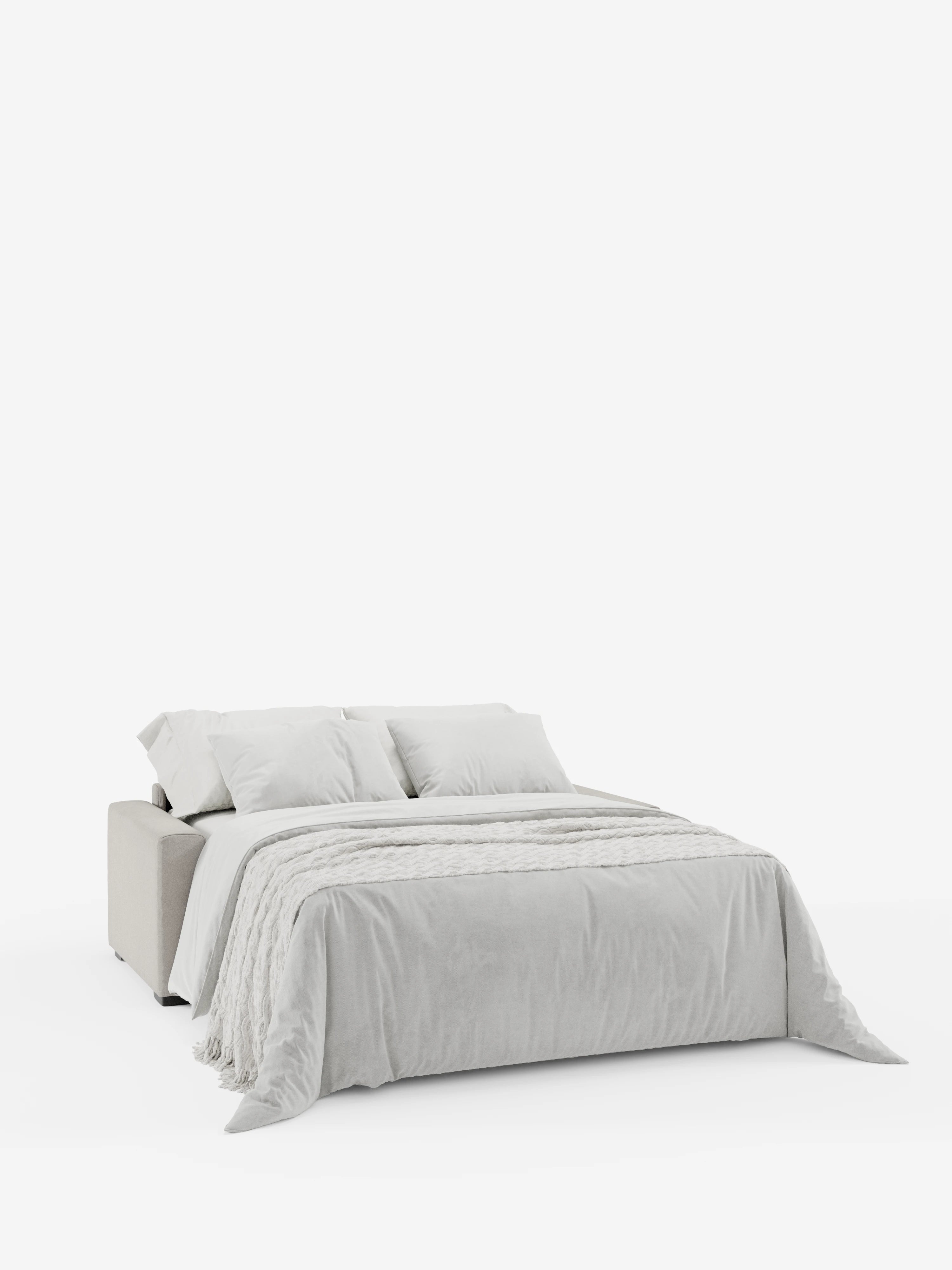 Un divano letto a 3 posti Maximus contemporaneo di divitt.sbs, rivestito in tessuto grigio chiaro Oeko-Tex antimacchia, spicca su uno sfondo bianco a tinta unita. Caratterizzato dalle linee pulite e arrotondate tipiche del design italiano e dotato di un morbido materasso alto 20 cm e di poggiatesta regolabili, questo divano letto incarna l’eleganza minimalista, impreziosita da una coperta testurizzata drappeggiata con cura ai suoi piedi e da due morbidi cuscini.