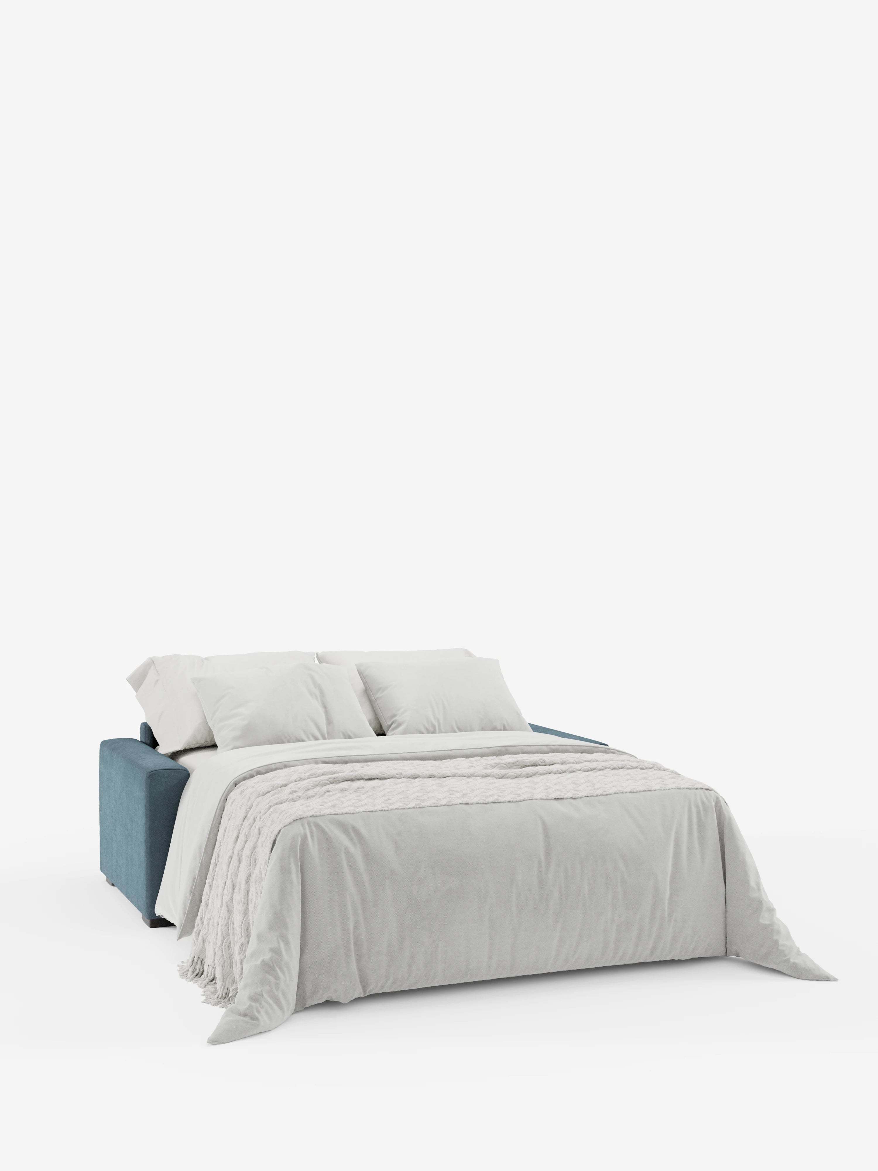 Un divano letto a 3 posti Maximus in stile contemporaneo di divitt.sbs, caratterizzato da una struttura imbottita blu in tessuto smacchiabile certificato Oeko-Tex e da morbida biancheria da letto grigio chiaro, impreziosita da due grandi cuscini bianchi e da un plaid testurizzato. Il materasso alto 20 cm offre un comfort spazioso che richiama l’elegante design italiano, mentre i poggiatesta reclinabili aggiungono versatilità. Su uno sfondo bianco a tinta unita, l’estetica minimalista evoca un’atmosfera