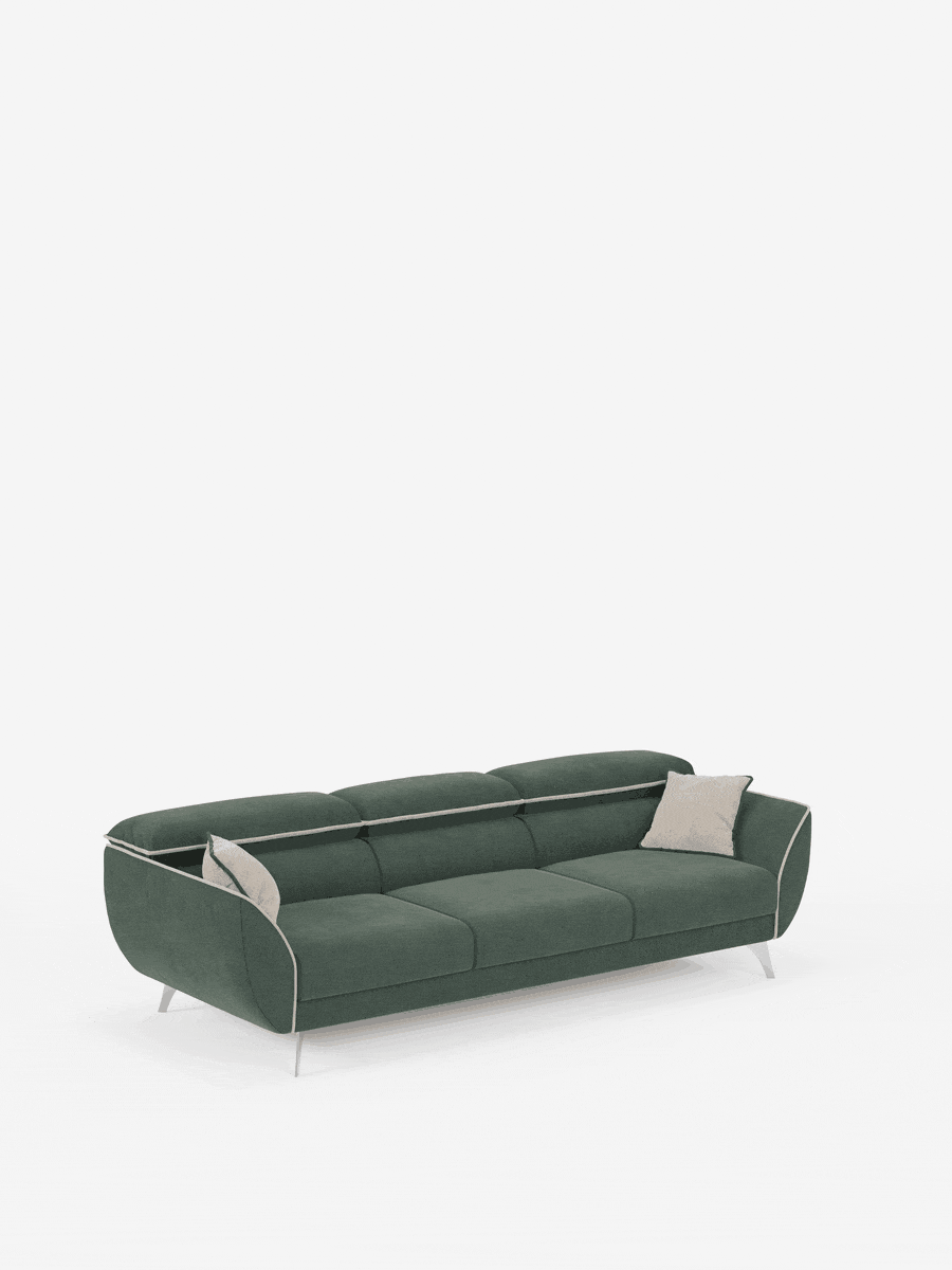 Un divano contemporaneo Michelangelo 4 Posti bicolore di divitt.sbs, dotato di tre sedute estensibili e poggiatesta regolabili, rivestito in tessuto T23 facile da pulire. Il rivestimento verde scuro è impreziosito da una bordatura bianca e poggia su sottili gambe in metallo su una base bianca, con due cuscini decorativi beige chiaro alle due estremità. Su uno sfondo bianco a tinta unita, questo divano dal design moderno e lussuoso offre un comfort elegante per interni raffinati.