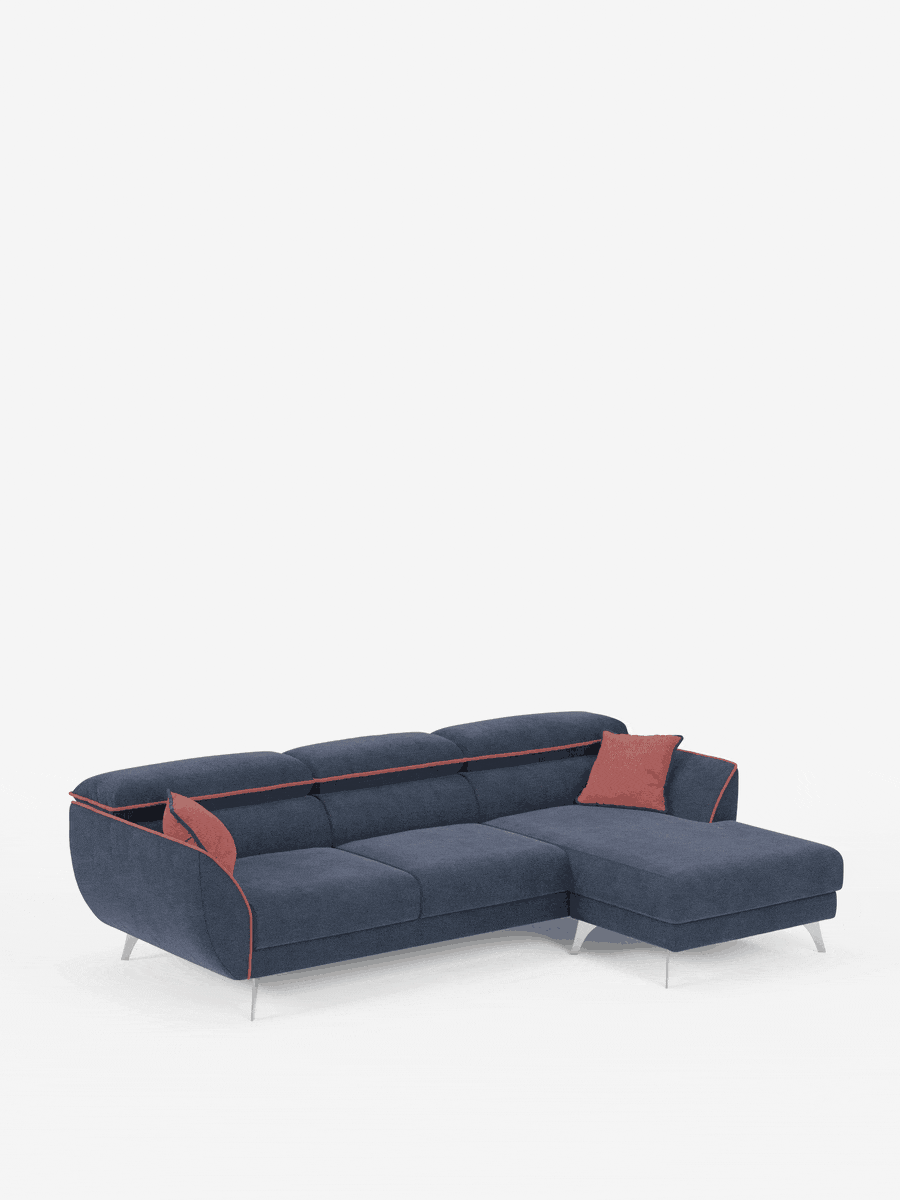 Vi presentiamo il divano angolare bicolore Michelangelo con penisola e sedute estensibili di divitt.sbs: un divano componibile contemporaneo in tessuto blu scuro con vistose rifiniture arancioni, eleganti gambe in metallo e due cuscini decorativi arancioni abbinati. Dotato di poggiatesta reclinabili e rivestimento T23 facile da pulire, questo moderno divano è presentato su uno sfondo bianco a tinta unita, ideale per qualsiasi soggiorno contemporaneo.