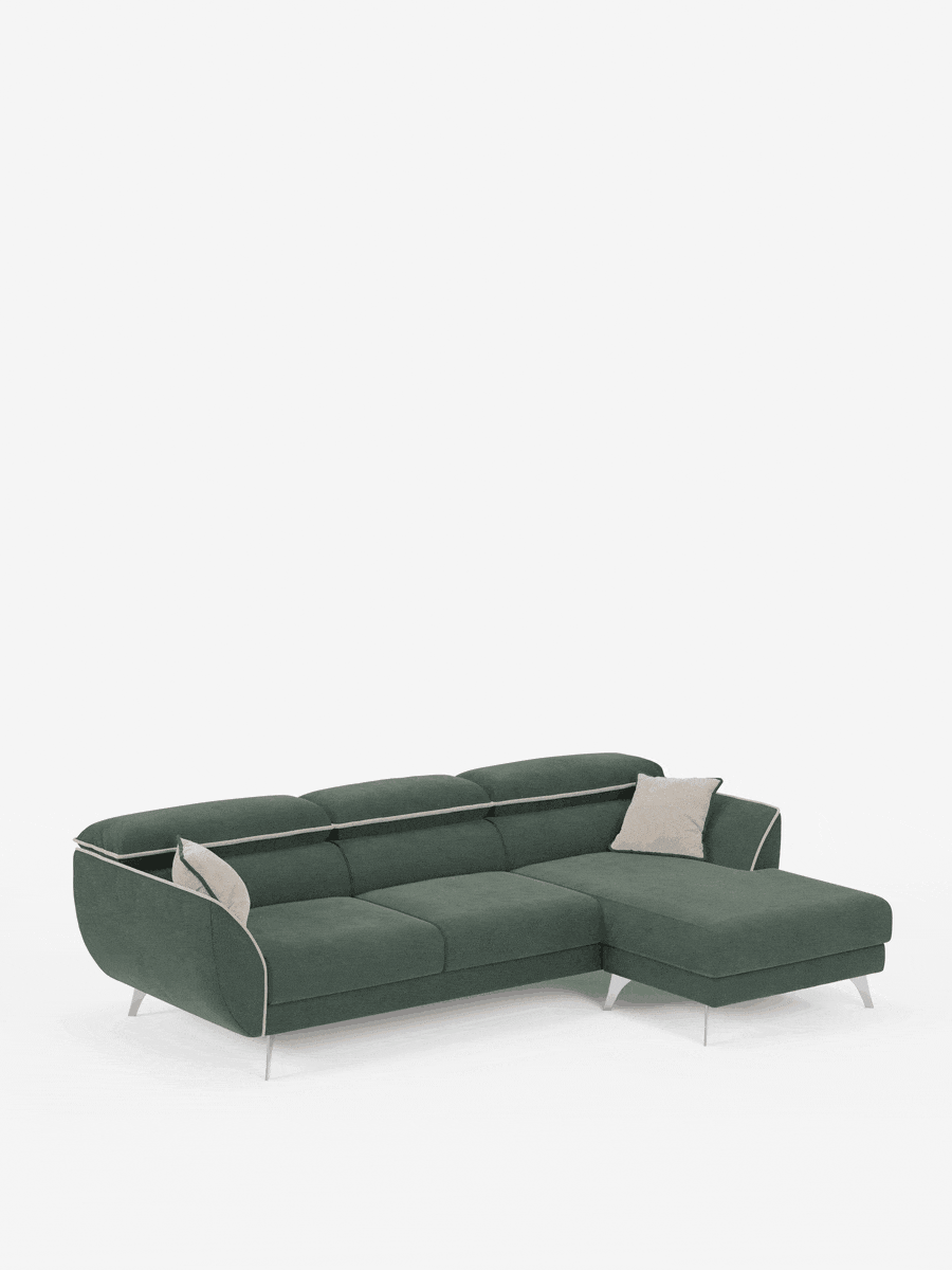 Un divano angolare Michelangelo bicolore di divitt.sbs, caratterizzato da un rivestimento in tessuto verde scuro con bordino bianco, gambe in metallo e una chaise longue fissa sul lato destro. Il divano è dotato di poggiatesta regolabili e viene fornito con due cuscini decorativi beige chiaro. Lo sfondo è bianco a tinta unita.
