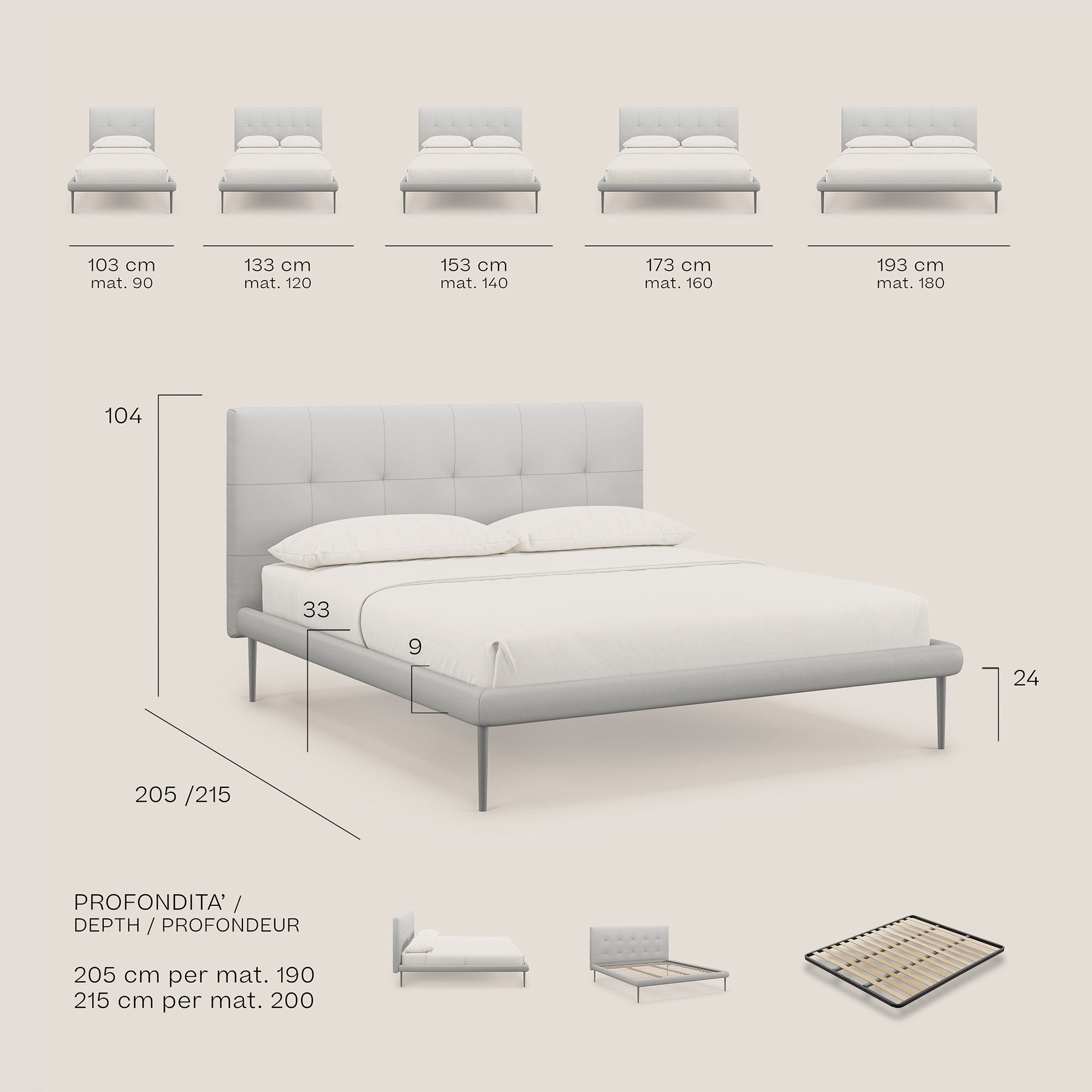 Midori letto imbottito trapuntato in ecopelle con piedini alti T04 antracite - divitt.sbs
