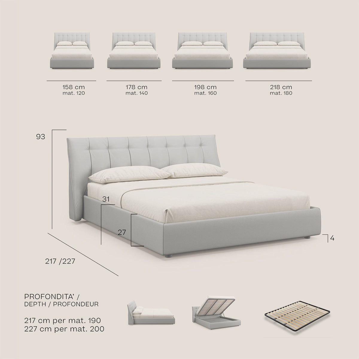 Clizia letto imbottito di design con vano contenitore in ecopelle impermeabile T04 talpa - divitt.sbs