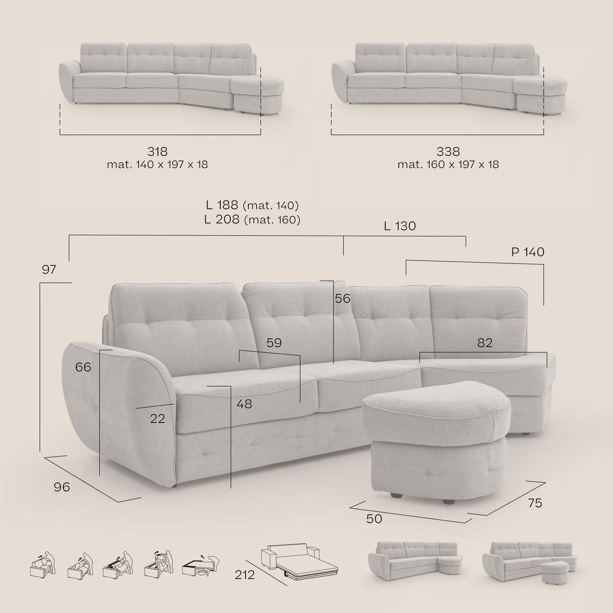 Zeus divano letto angolare con materasso H18 cm pouf mobile in tessuto impermeabile T02 - divitt.sbs