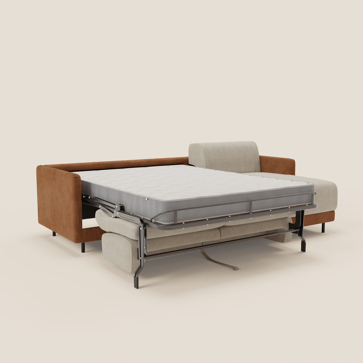 Narciso divano letto angolare con materasso alto 18 cm e penisola contenitore in tessuto bicolore impermeabile T11 e T06 - divitt.sbs
