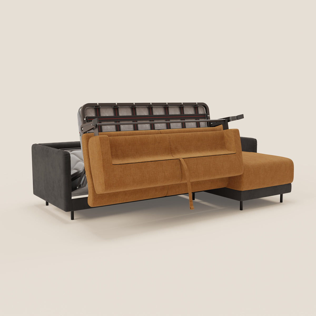 Narciso divano letto angolare con materasso alto 18 cm e penisola contenitore in tessuto bicolore impermeabile T11 e T06 - divitt.sbs