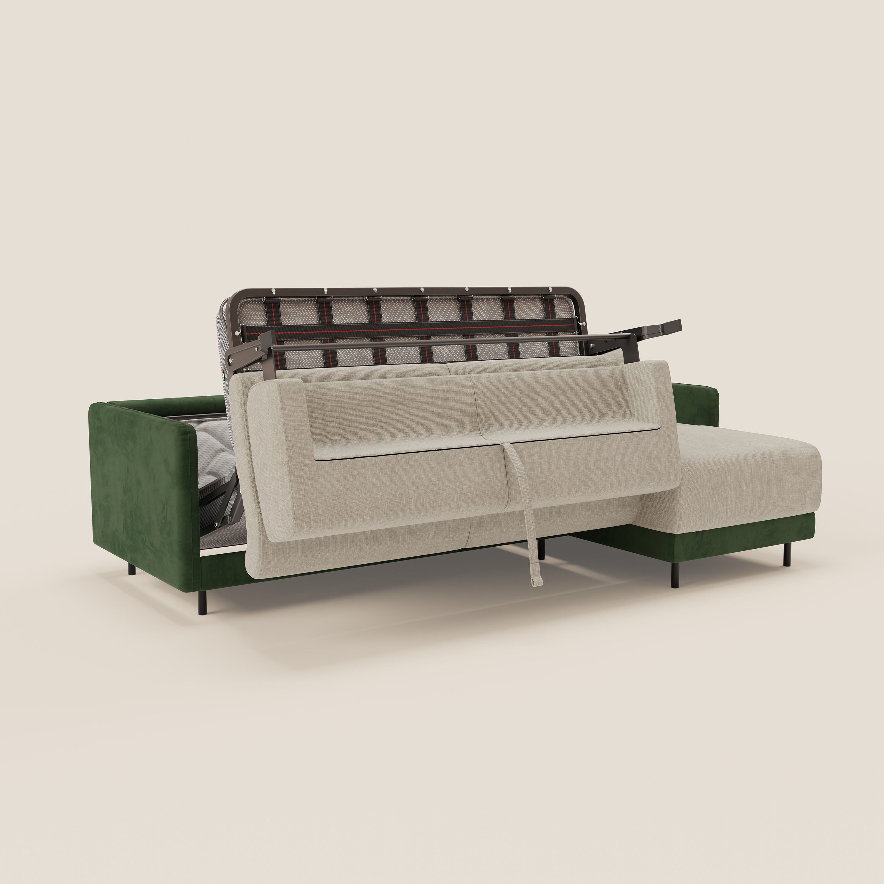 Narciso divano letto angolare con materasso alto 18 cm e penisola contenitore in tessuto bicolore impermeabile T11 e T06 - divitt.sbs
