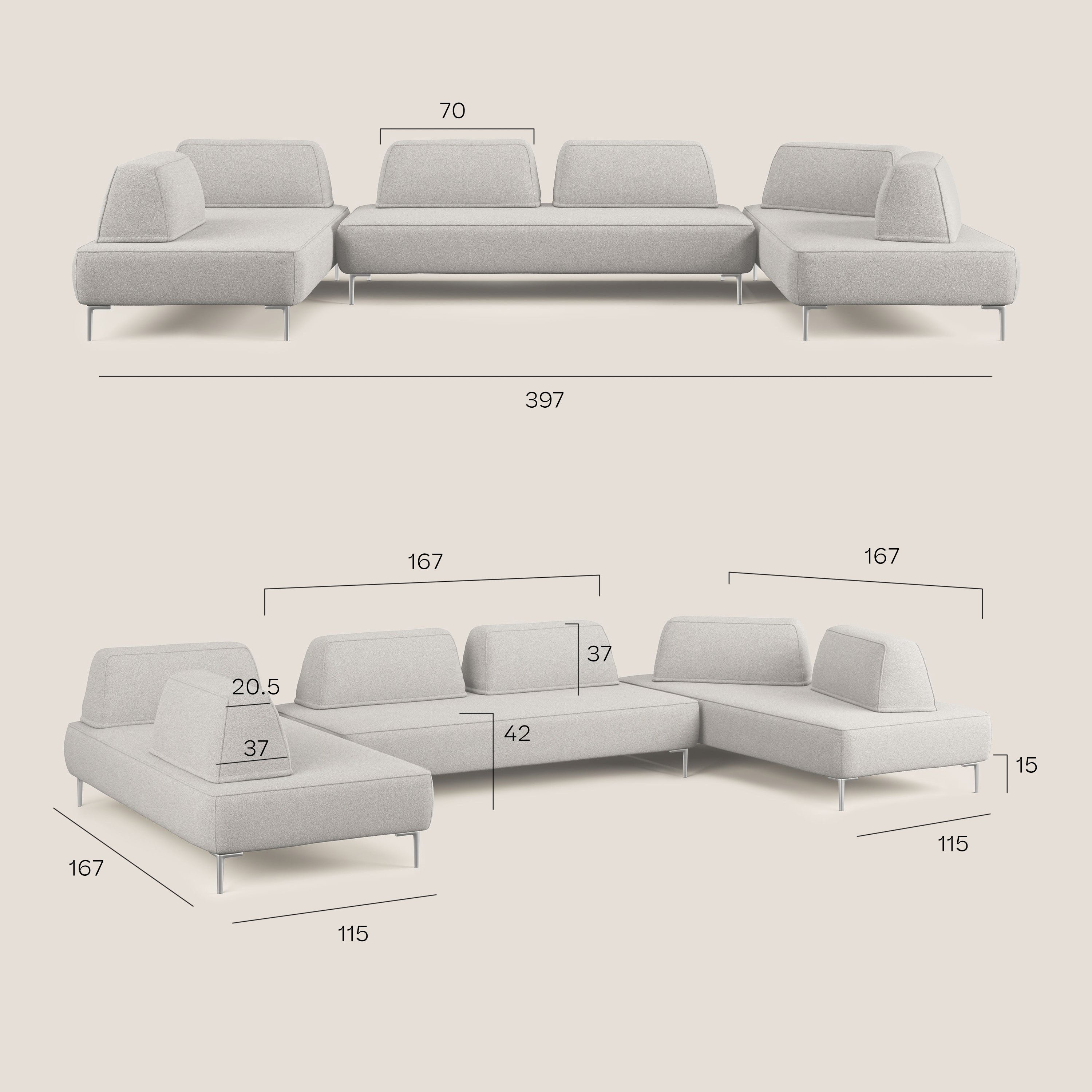 Newton divano panoramico modulare con schienali movibili T07 grigio - divitt.sbs