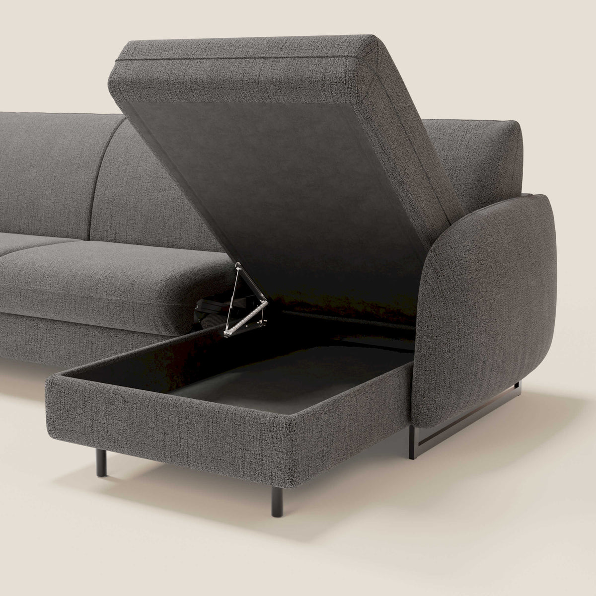 Ninfea Divano Letto Angolare con Penisola Contenitore e Materasso H18 cm - piedini in metallo e Tessuto impermeabile T03 - divitt.sbs