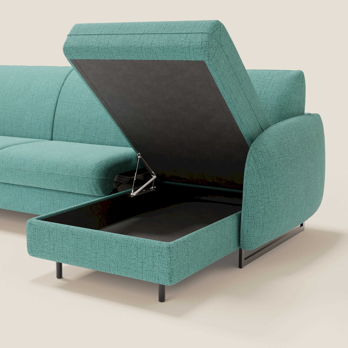 Ninfea Divano Letto Angolare con Penisola Contenitore e Materasso H18 cm - piedini in metallo e Tessuto impermeabile T03 - divitt.sbs