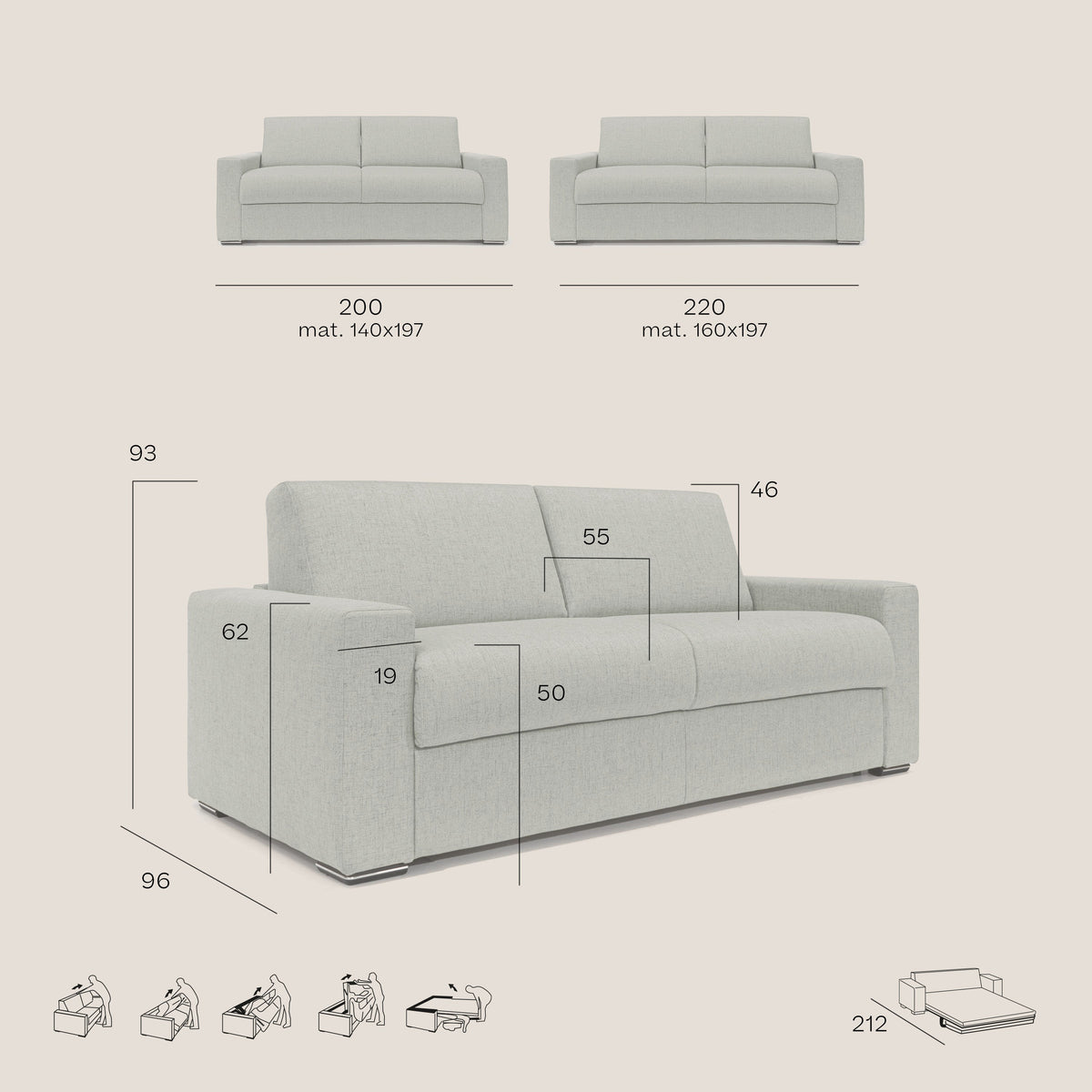 Nixon Divano letto matrimoniale con materasso 20 cm in tessuto impermeabile T03 grigio - divitt.sbs