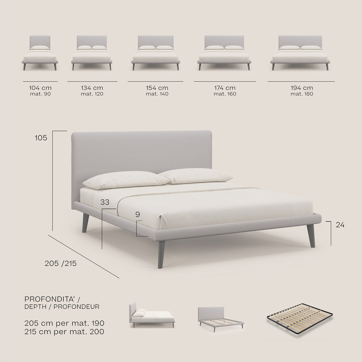 Noel letto minimal scandinavo con piedi in mogano e tessuto fiammato impermeabile T19 giallo - divitt.sbs