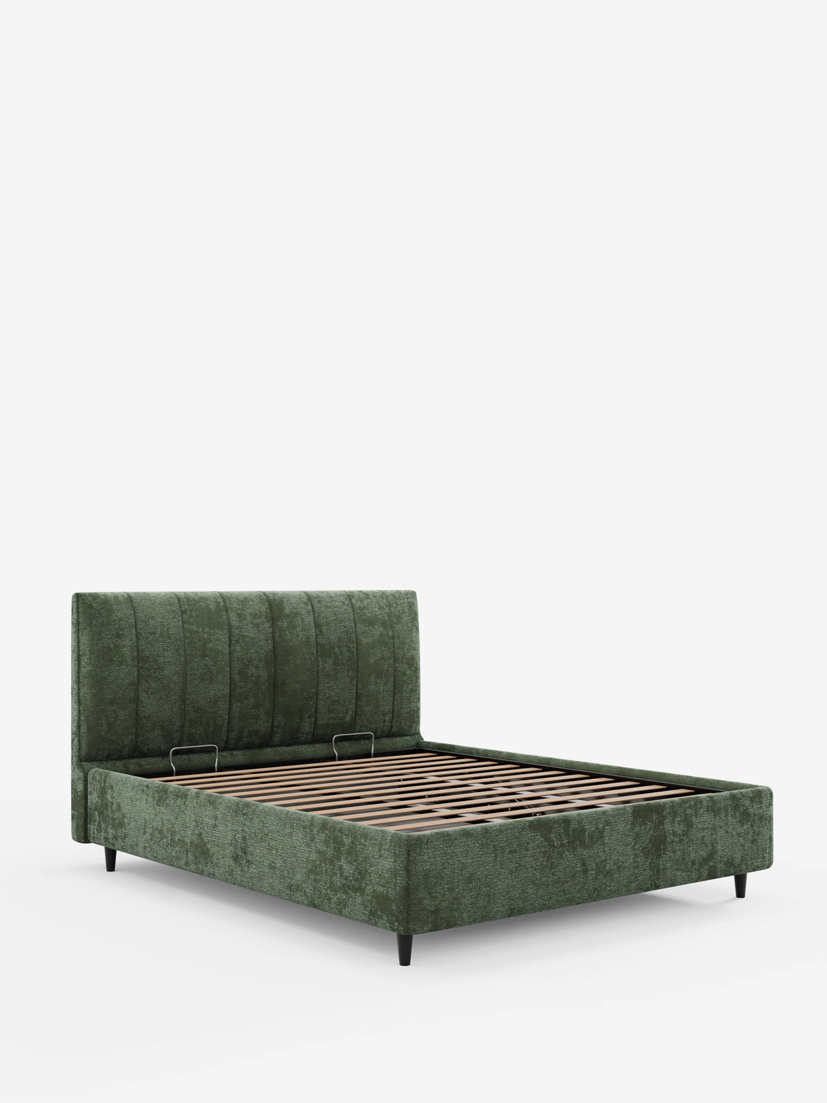Il letto imbottito ONYX con contenitore e testiera verticale in tessuto certificato Oeko-Tex® è un letto dal profilo basso, realizzato in tessuto verde bosco, con testiera a canalini verticali, gambe corte e affusolate di colore scuro e una base a doghe in legno a vista.