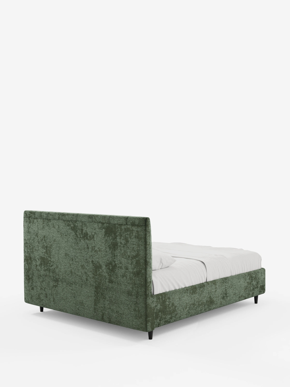 Il letto imbottito ONYX con contenitore e testiera verticale in tessuto certificato Oeko-Tex® è un letto matrimoniale imbottito di colore verde muschio con testiera alta e piedini scuri, ripreso da un angolo posteriore su sfondo bianco.