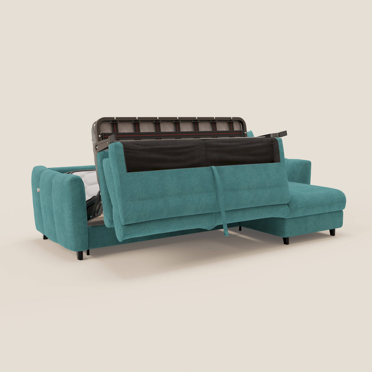 Peonia divano letto angolare con Penisola Contenitore - Materasso H18 cm in Bouclé Impermeabile T07 azzurro - divitt.sbs