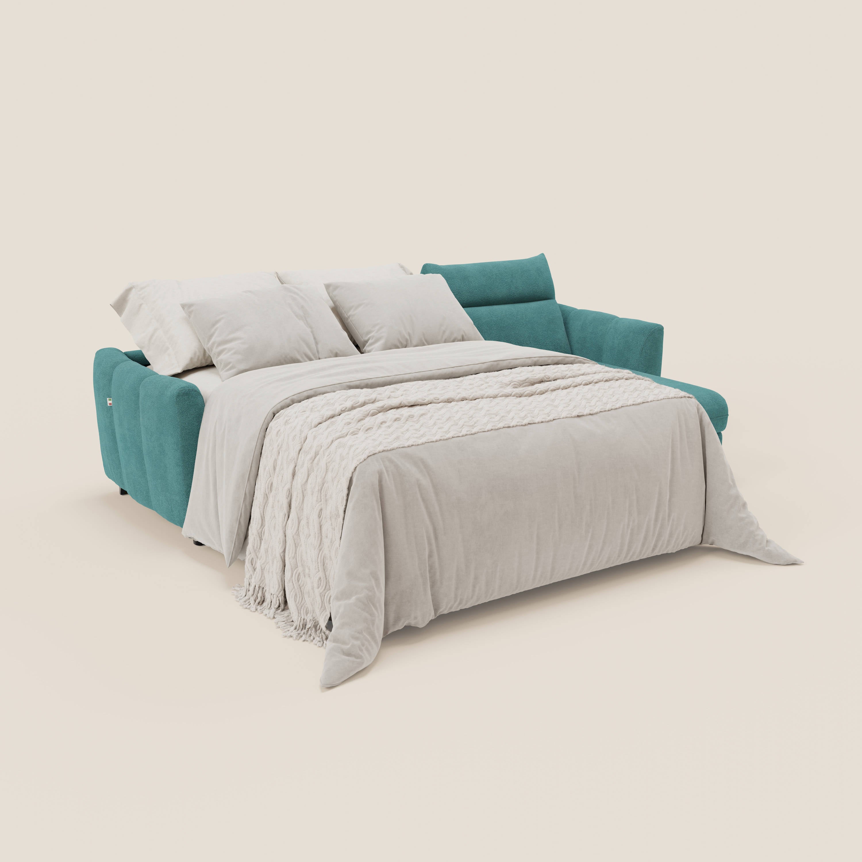 Peonia divano letto angolare con Penisola Contenitore - Materasso H18 cm in Bouclé Impermeabile T07 azzurro - divitt.sbs