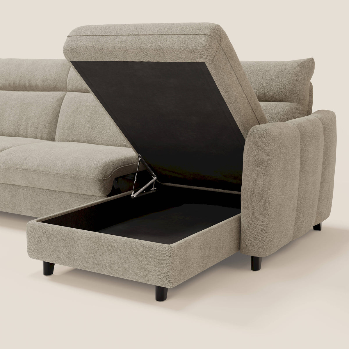 Peonia divano letto angolare con Penisola Contenitore - Materasso H18 cm in Bouclé Impermeabile T07 - divitt.sbs
