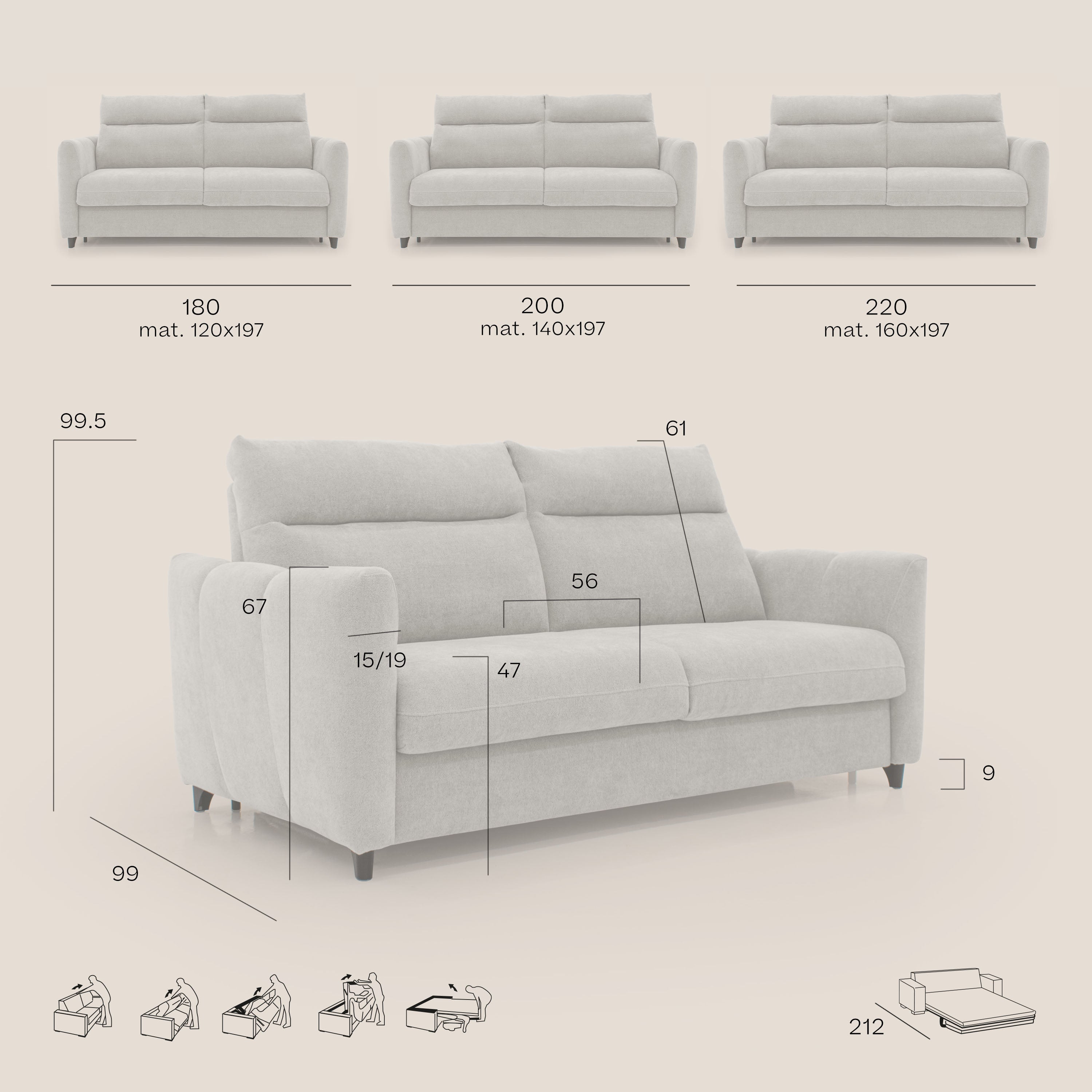 Peonia divano letto scandinavo con materasso H18 cm e morbido e alto schienale in tessuto Bouclé impermeabile T07 arancio - divitt.sbs