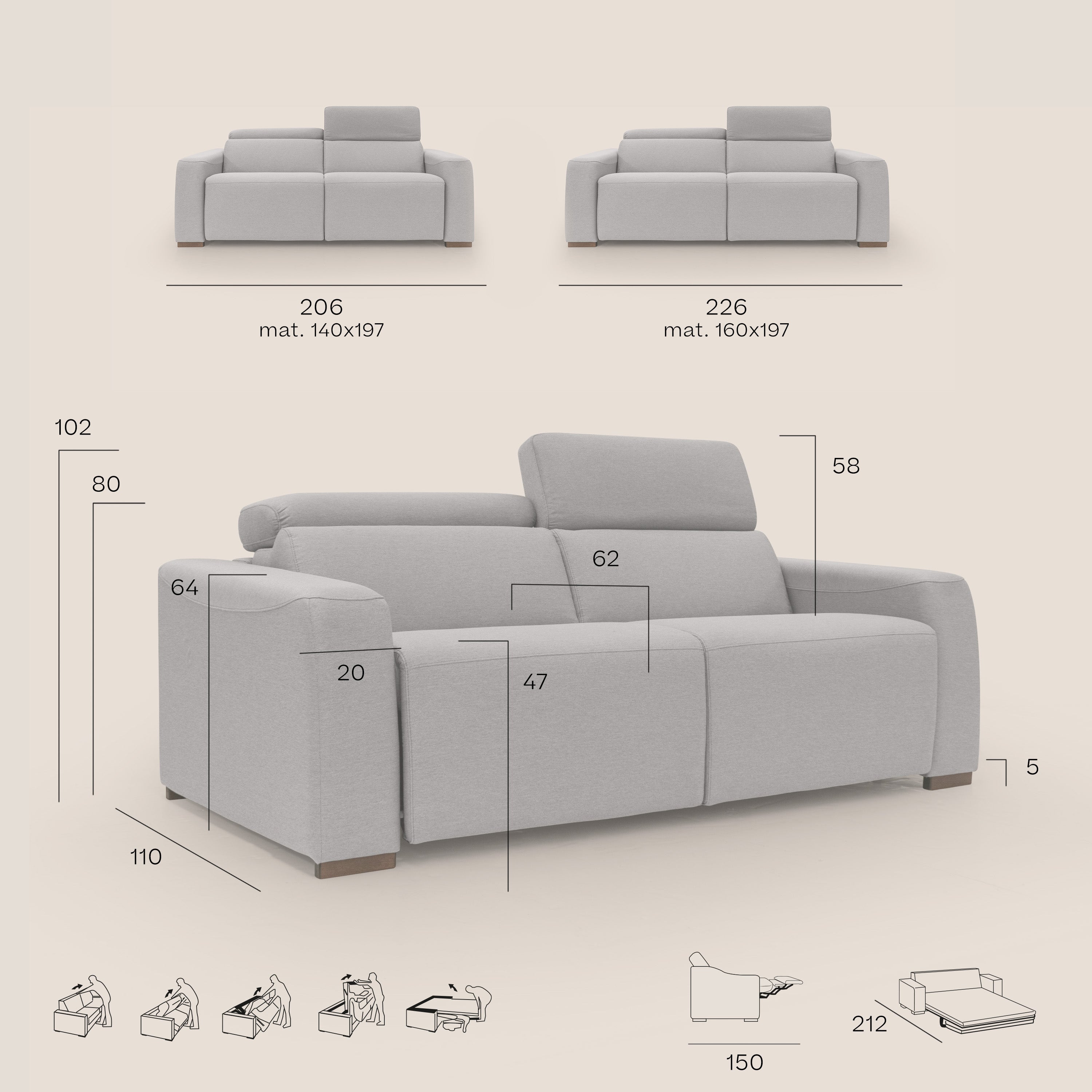 Poseidon divano letto + relax elettrico in tessuto smacchiabile impermeabile T05 panna - divitt.sbs