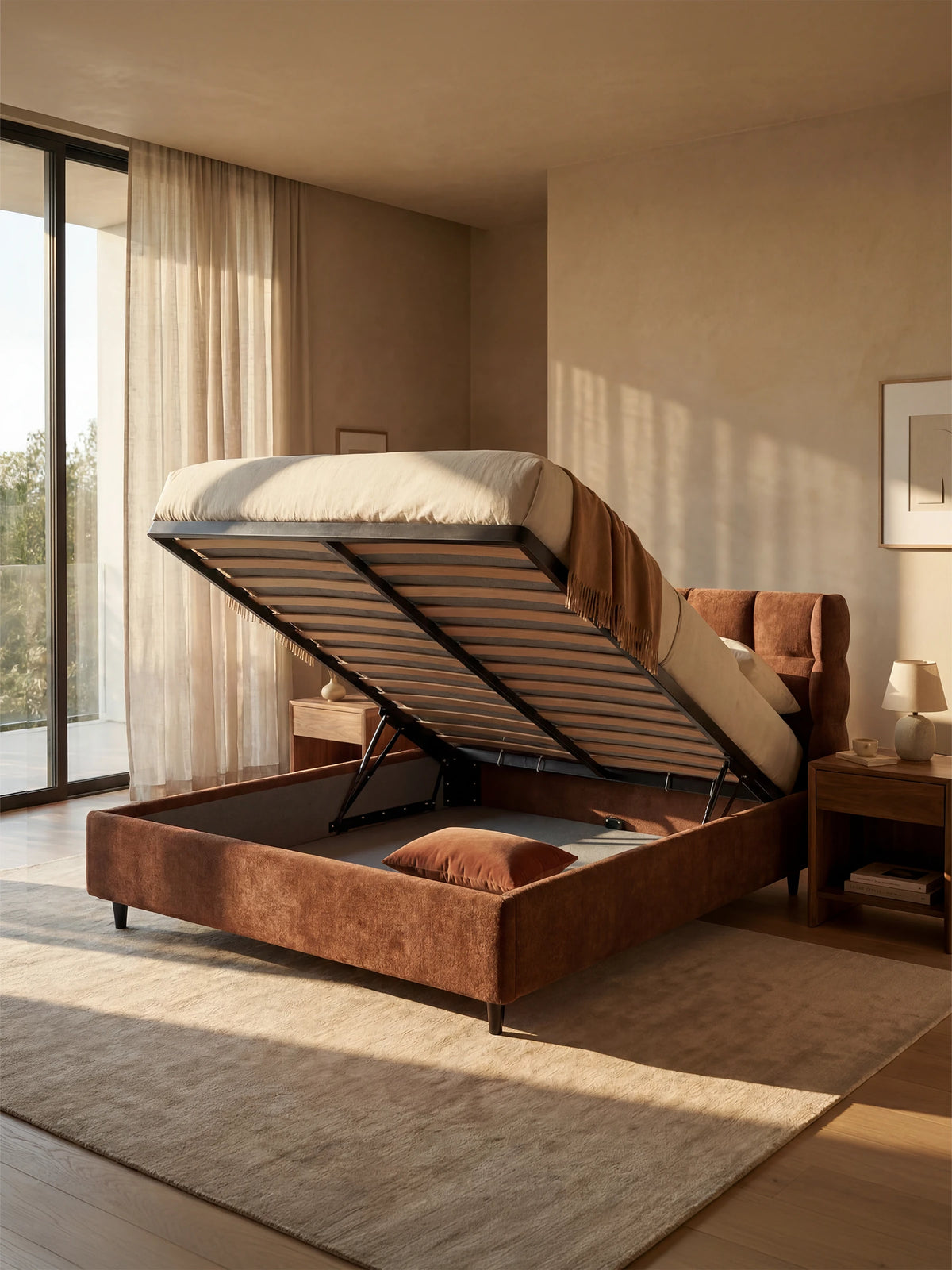 RAGNAR upholstered bed with storage compartment and enveloping capitonné headboard - elegant Oeko-Tex® certified fabric