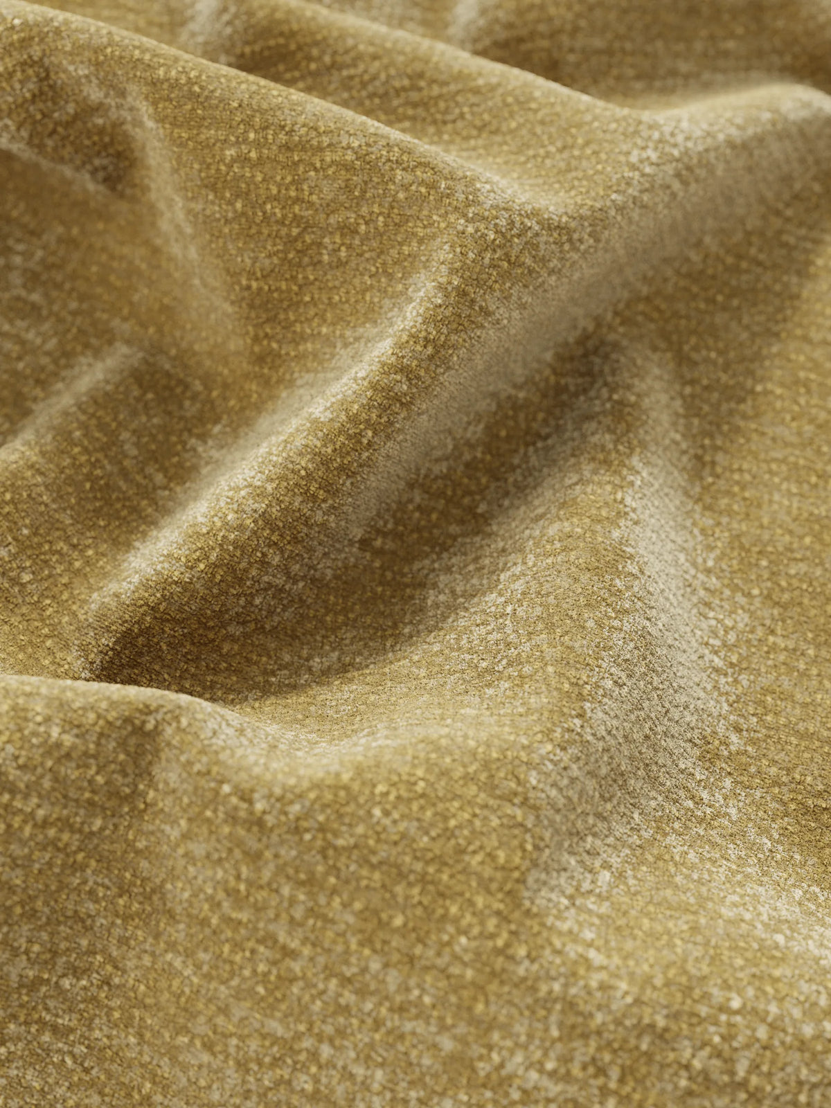 Primo piano del tessuto color oro-beige del letto imbottito ONYX con contenitore e testiera verticale in tessuto certificato Oeko-Tex®, che presenta una trama fitta e strutturata con morbide pieghe drappeggiate che creano giochi di luce e ombra sulla superficie.