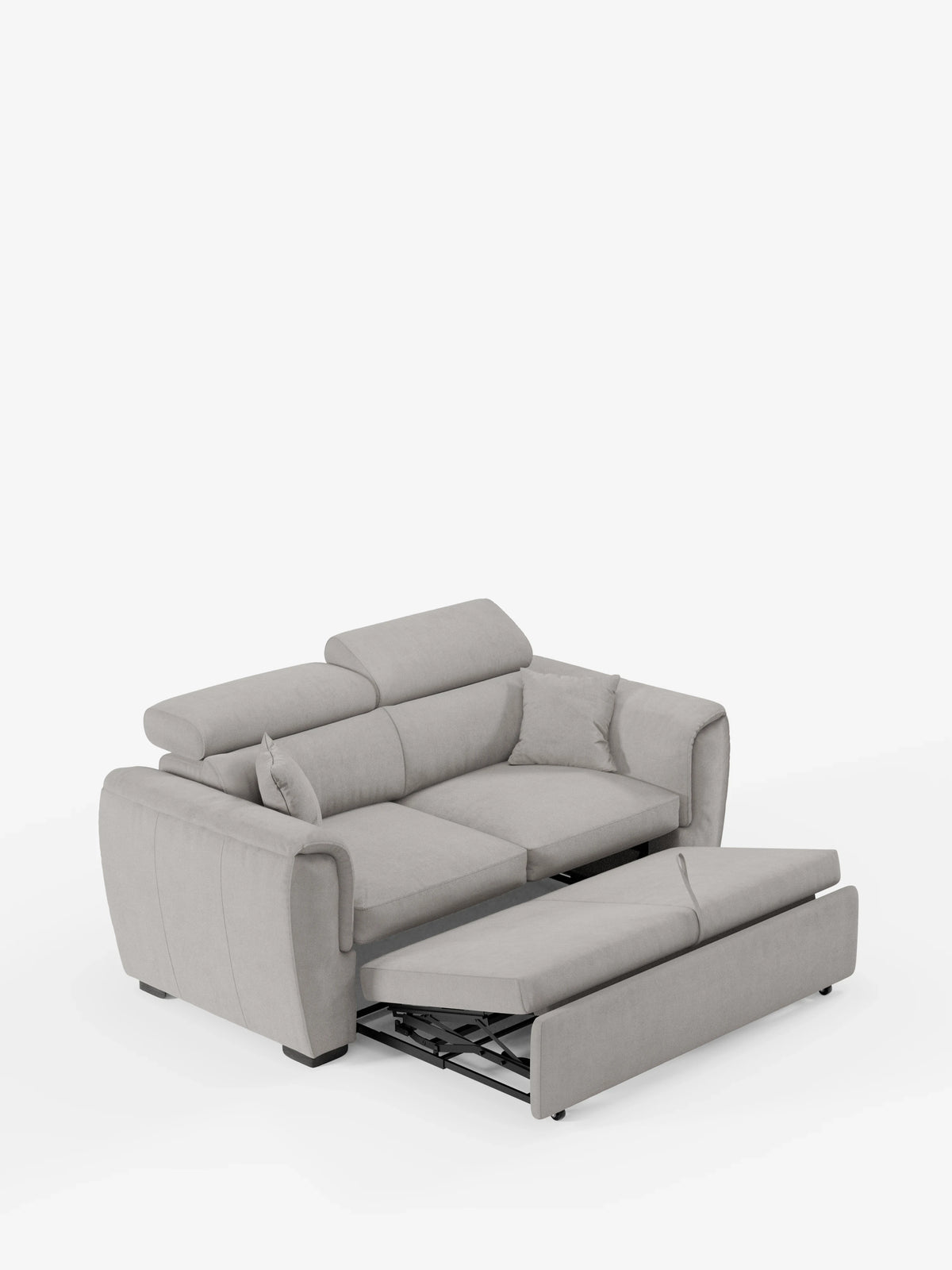 Un moderno divano a 2 posti Titano grigio chiaro, estraibile, con poggiatesta reclinabili in tessuto smacchiabile Oeko-Tex® di divitt.sbs, dotato di poggiatesta regolabili, ampi braccioli e un letto estraibile parzialmente estraibile con meccanismo a delfino. La struttura metallica del letto è a vista e il rivestimento in tessuto liscio ne esalta il design lineare. Questo divano moderno e compatto è esposto su uno sfondo bianco a tinta unita.
