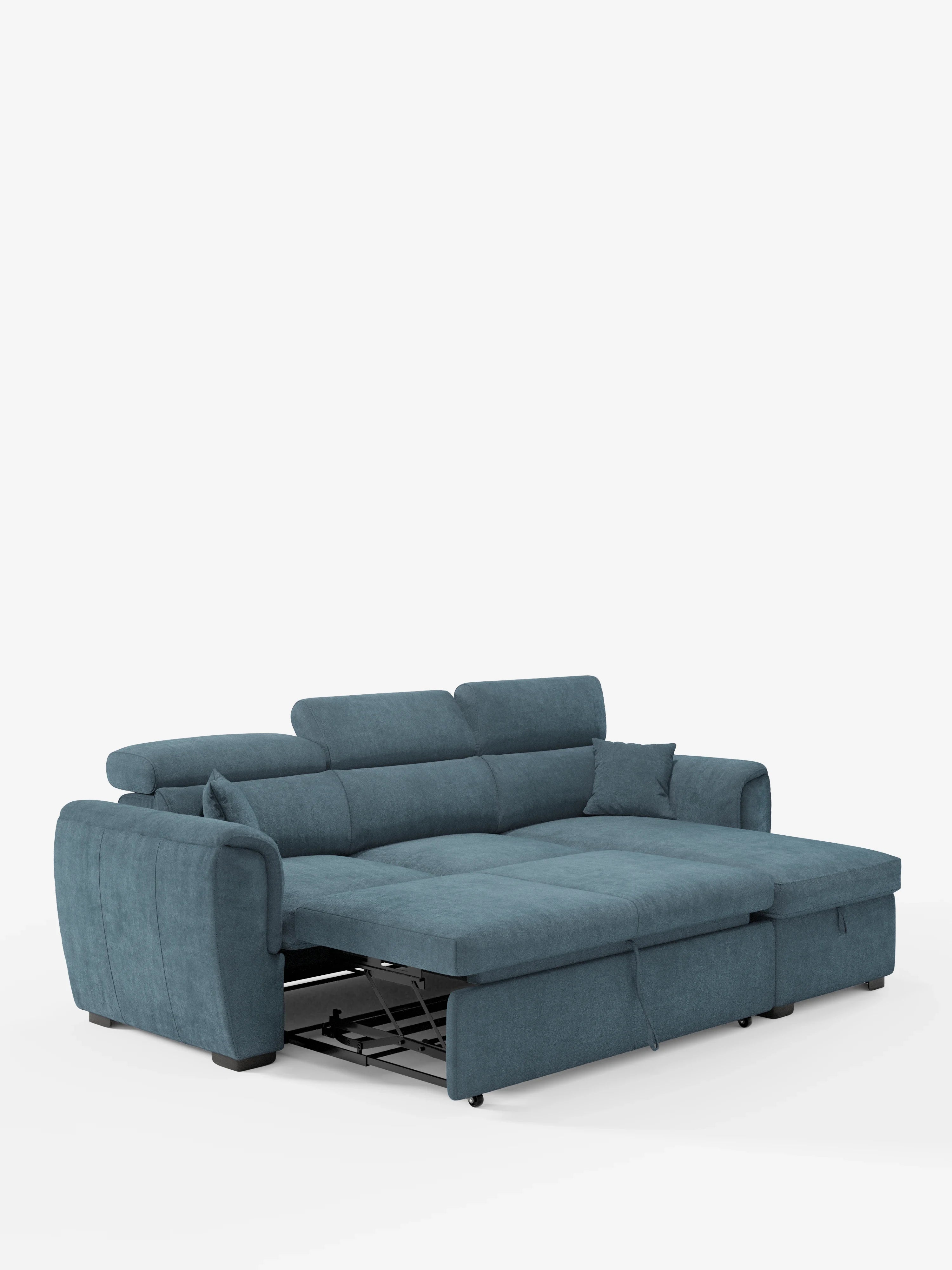Viene presentato uno spazioso divano letto componibile Titano color verde acqua di divitt.sbs, dotato di una chaise longue reversibile con vano portaoggetti integrato, poggiatesta regolabili e un elemento letto estraibile. Questo divano in stile moderno è rivestito in tessuto antimacchia e offre un'imbottitura extra, trasformando facilmente la zona salotto in un letto piatto per un comfort ancora maggiore.